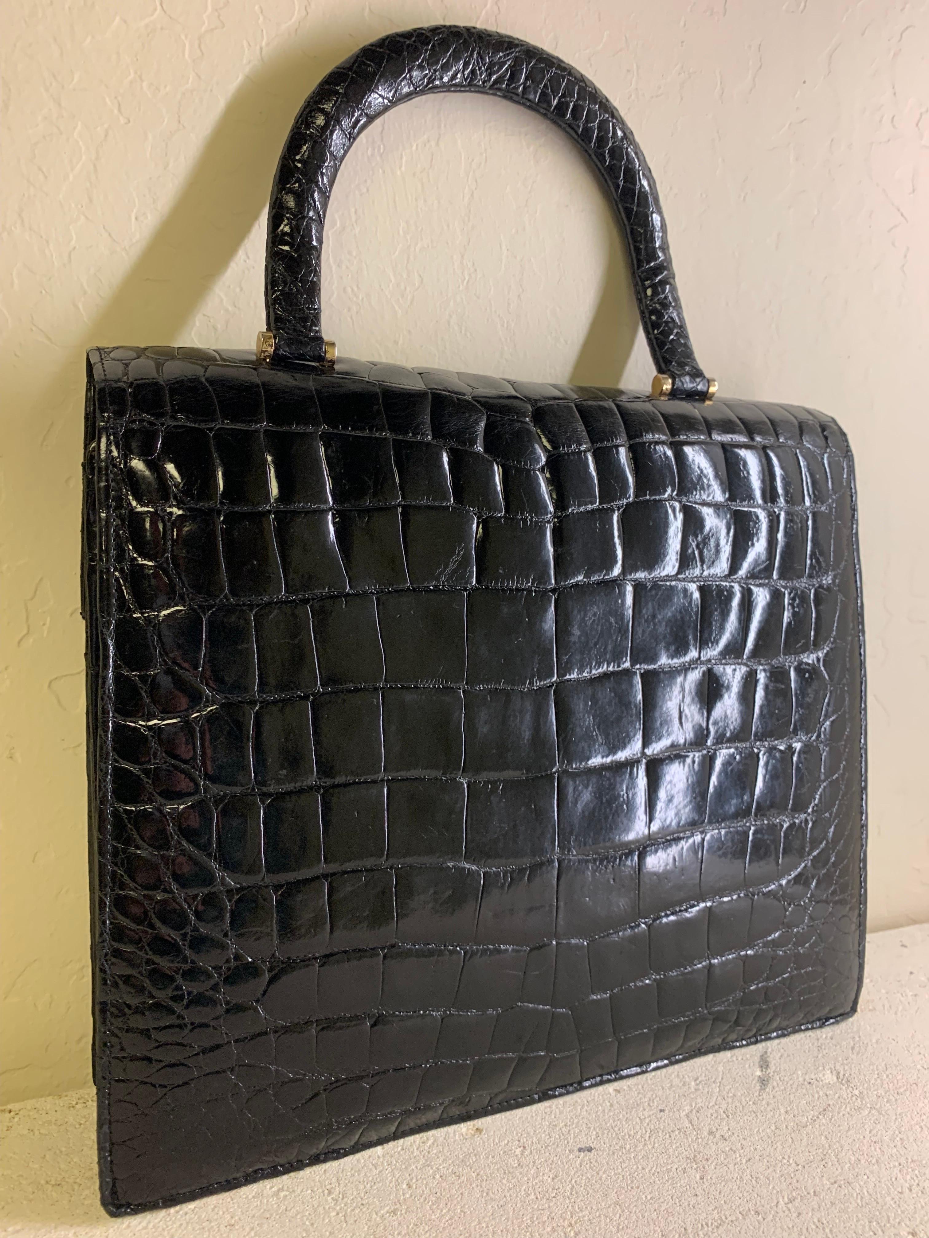 1960s Genuine Black Alligator Tailored Top-Handle Handbag w/ Silver Buckle For Sale 11