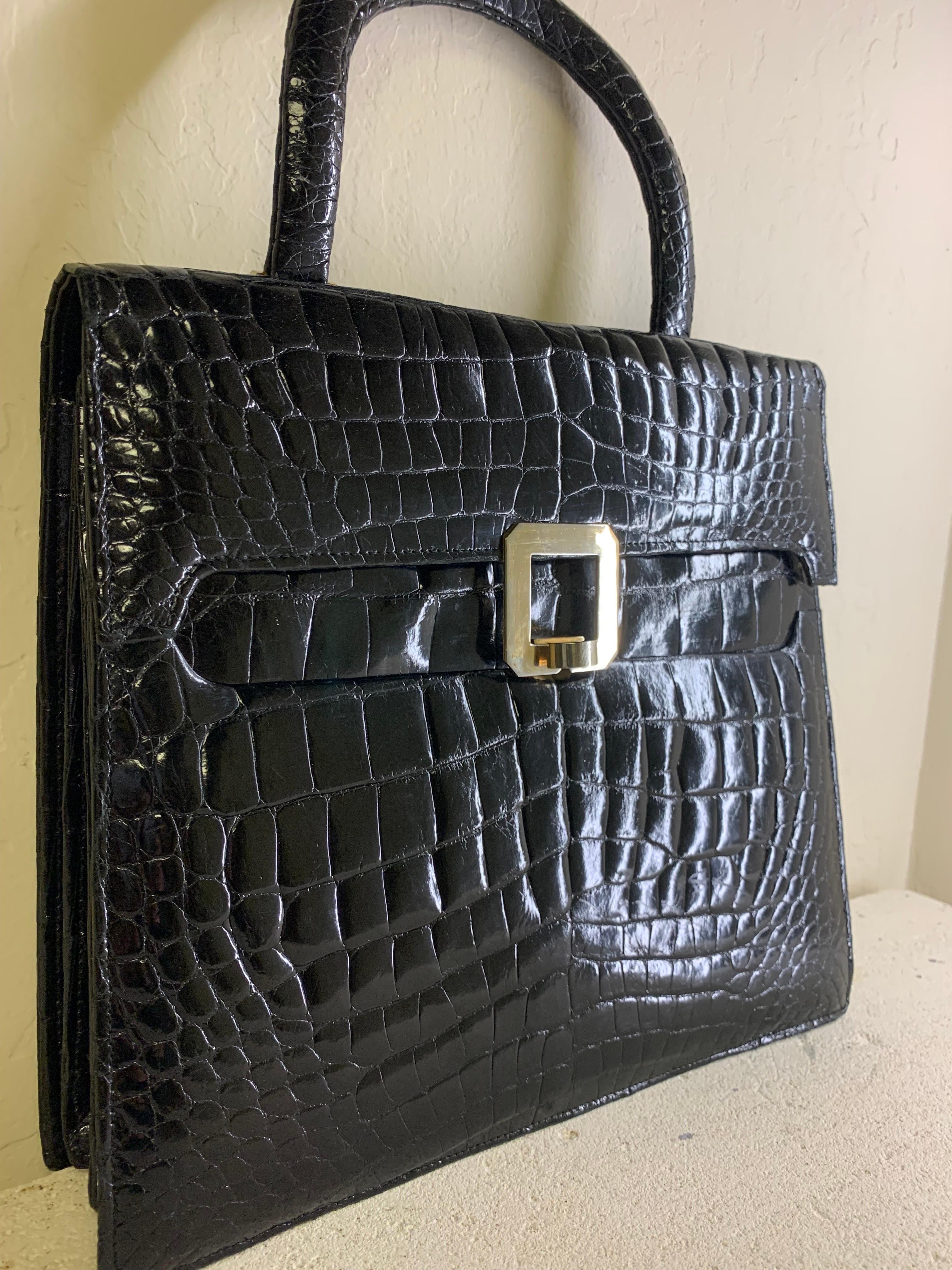 1960s Genuine Black Alligator Tailored Top-Handle Handbag w/ Silver Buckle For Sale 12