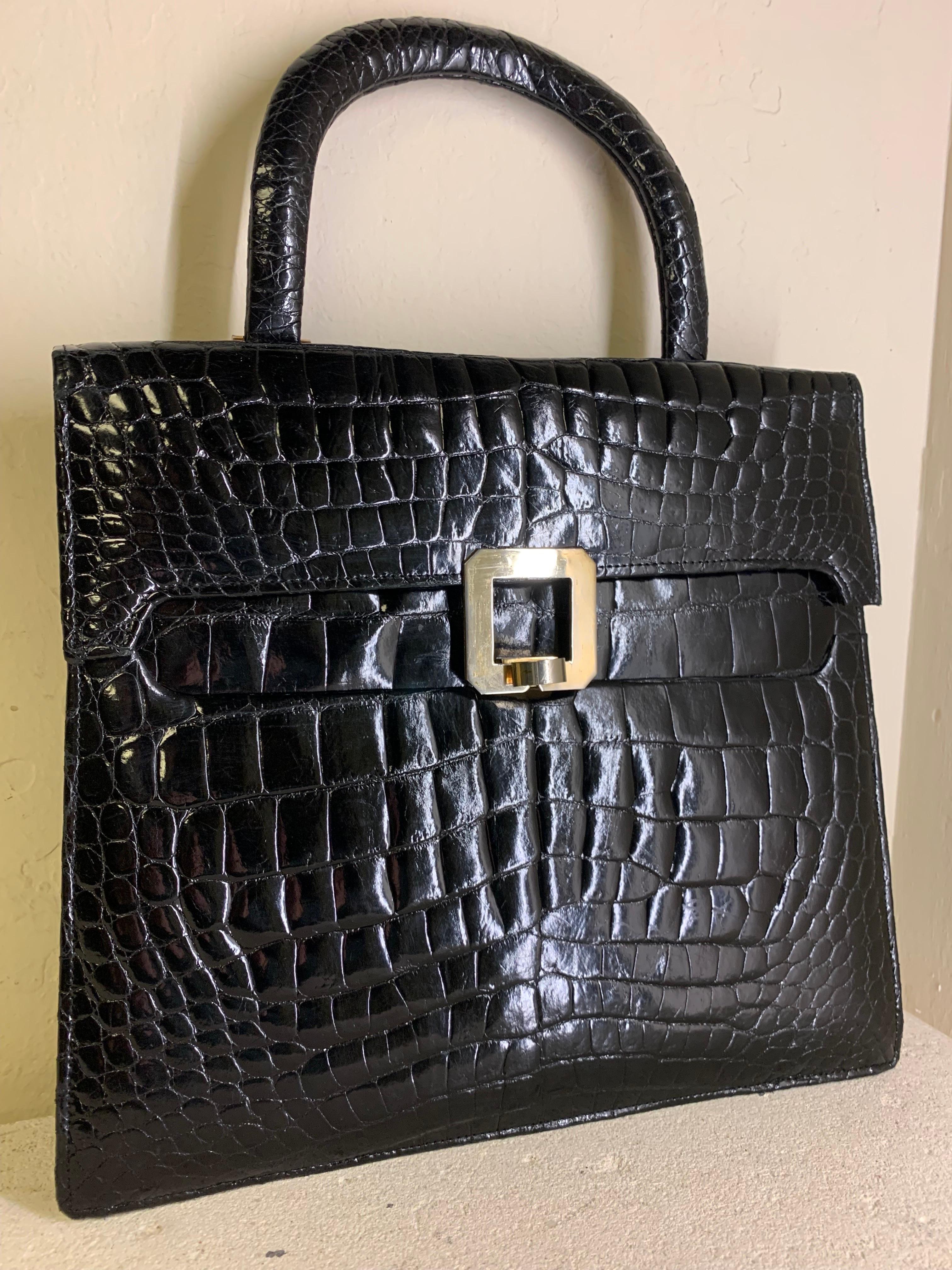1960s Genuine Black Alligator Tailored Top-Handle Handbag w/ Silver Buckle For Sale 2