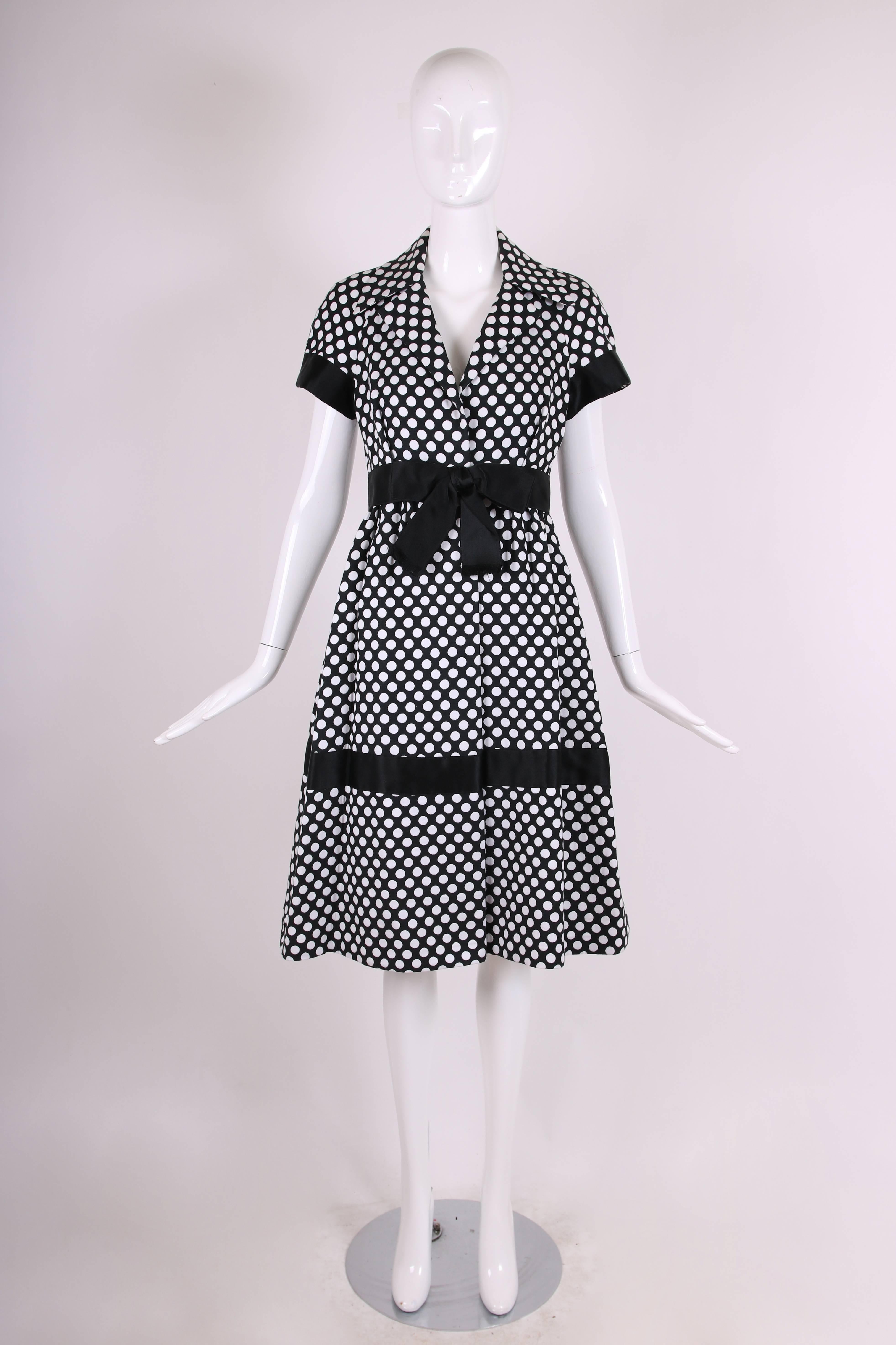Geoffrey Beene Black and White Polka Dot Day Dress with Satin Bow, 1960s  In Excellent Condition In Studio City, CA