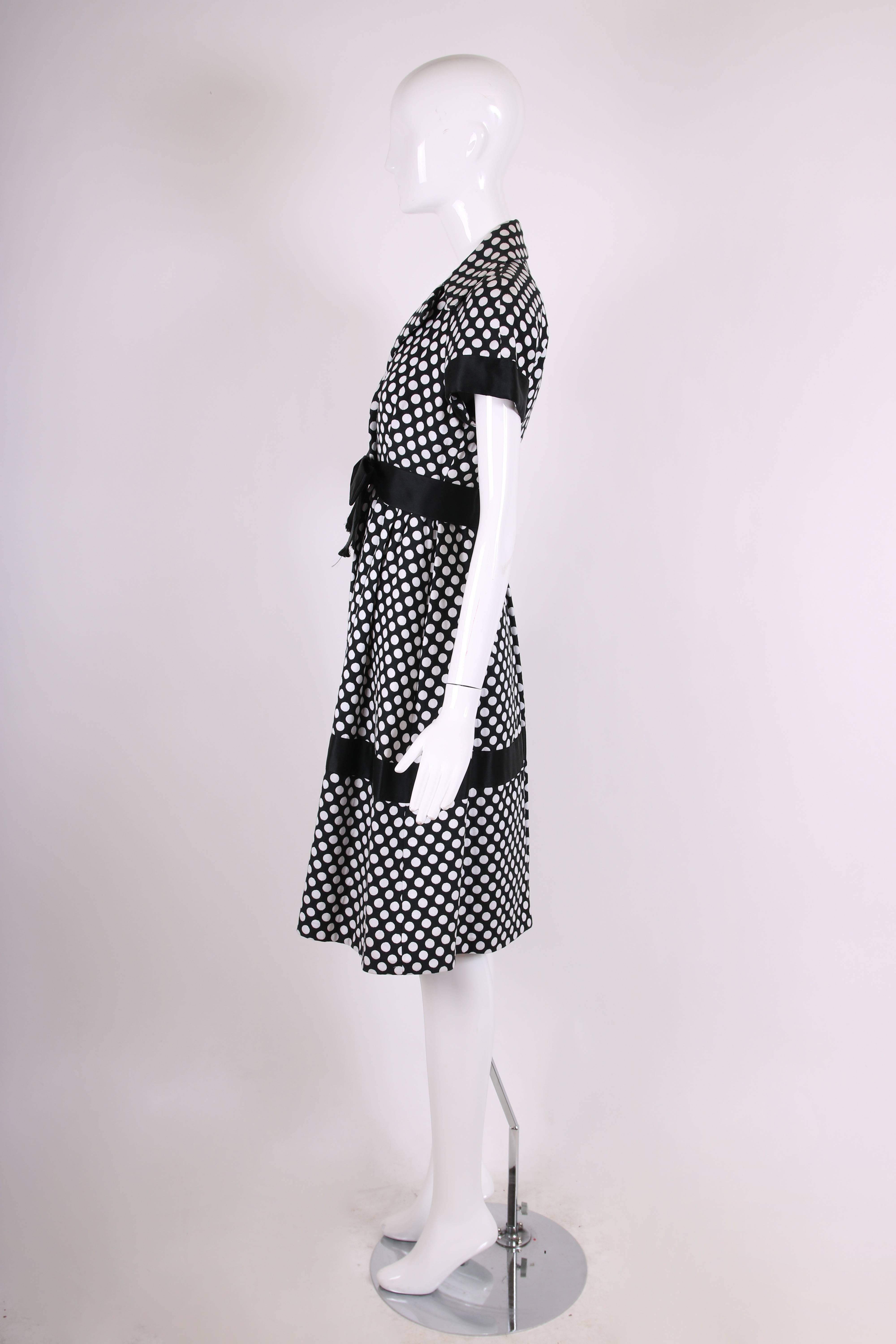 Women's Geoffrey Beene Black and White Polka Dot Day Dress with Satin Bow, 1960s 