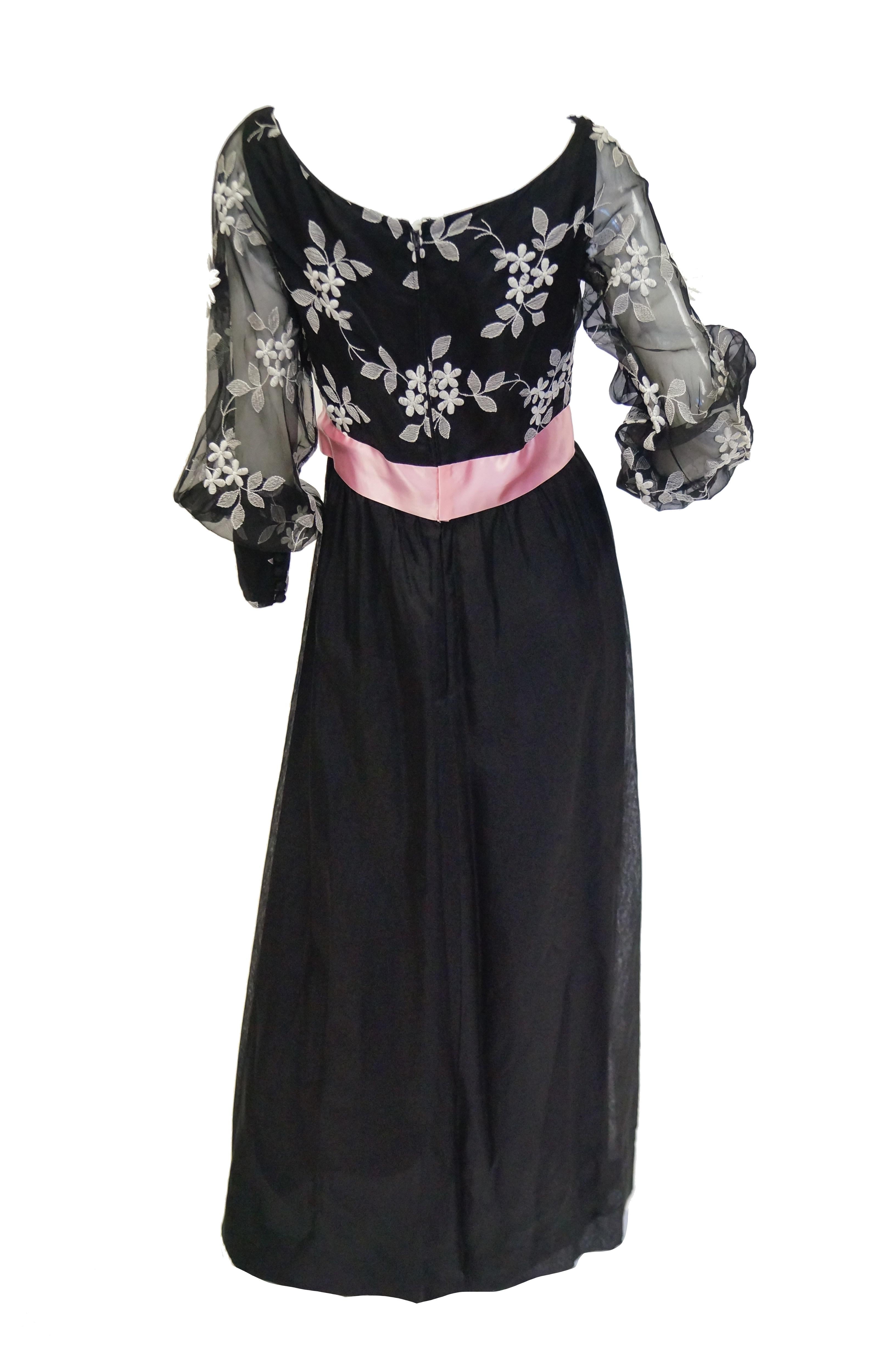 Women's 1960s Geoffrey Beene Black Evening Dress w/ White Floral Details & Pink Ribbon For Sale