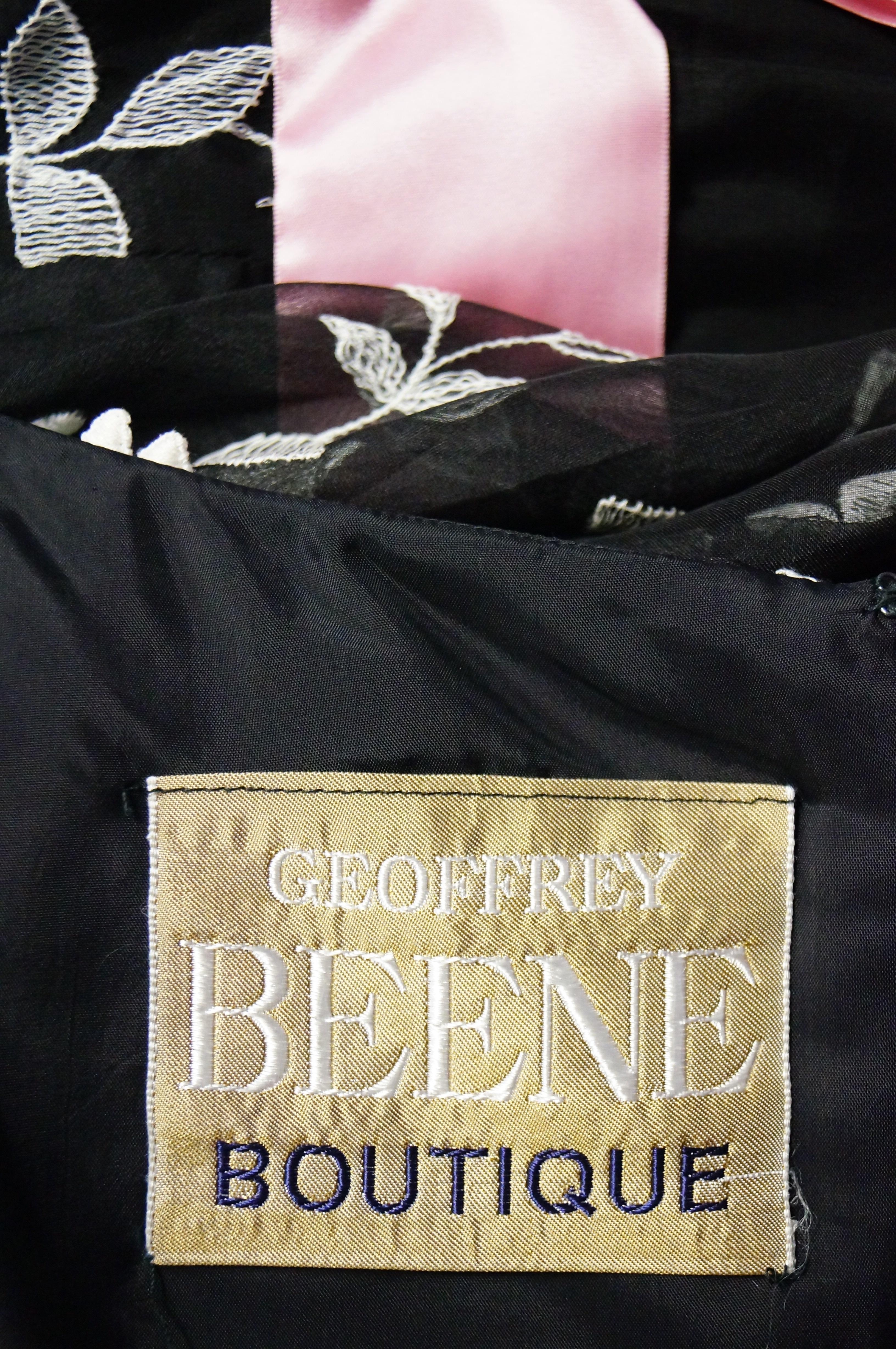 1960s Geoffrey Beene Black Evening Dress w/ White Floral Details & Pink Ribbon For Sale 3