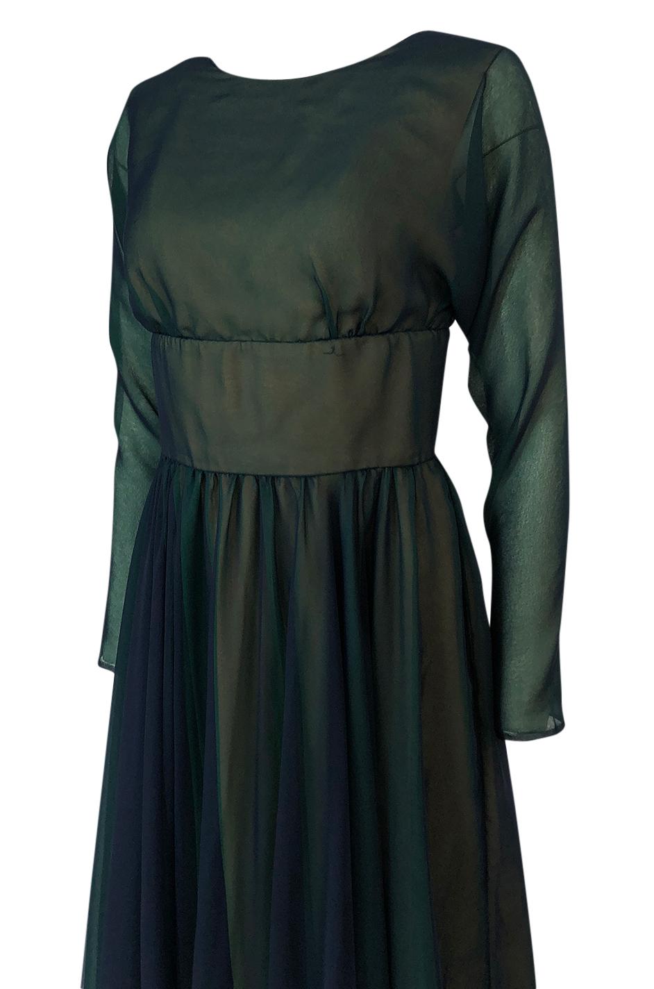 1960s Geoffrey Beene Blue & Green Backless Layered Chiffon Dress 2