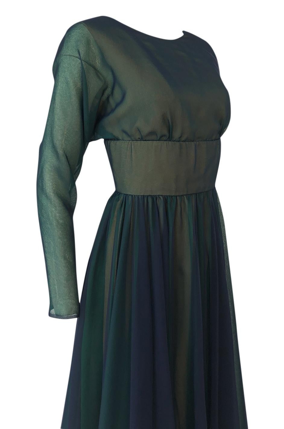 1960s Geoffrey Beene Blue & Green Backless Layered Chiffon Dress 3