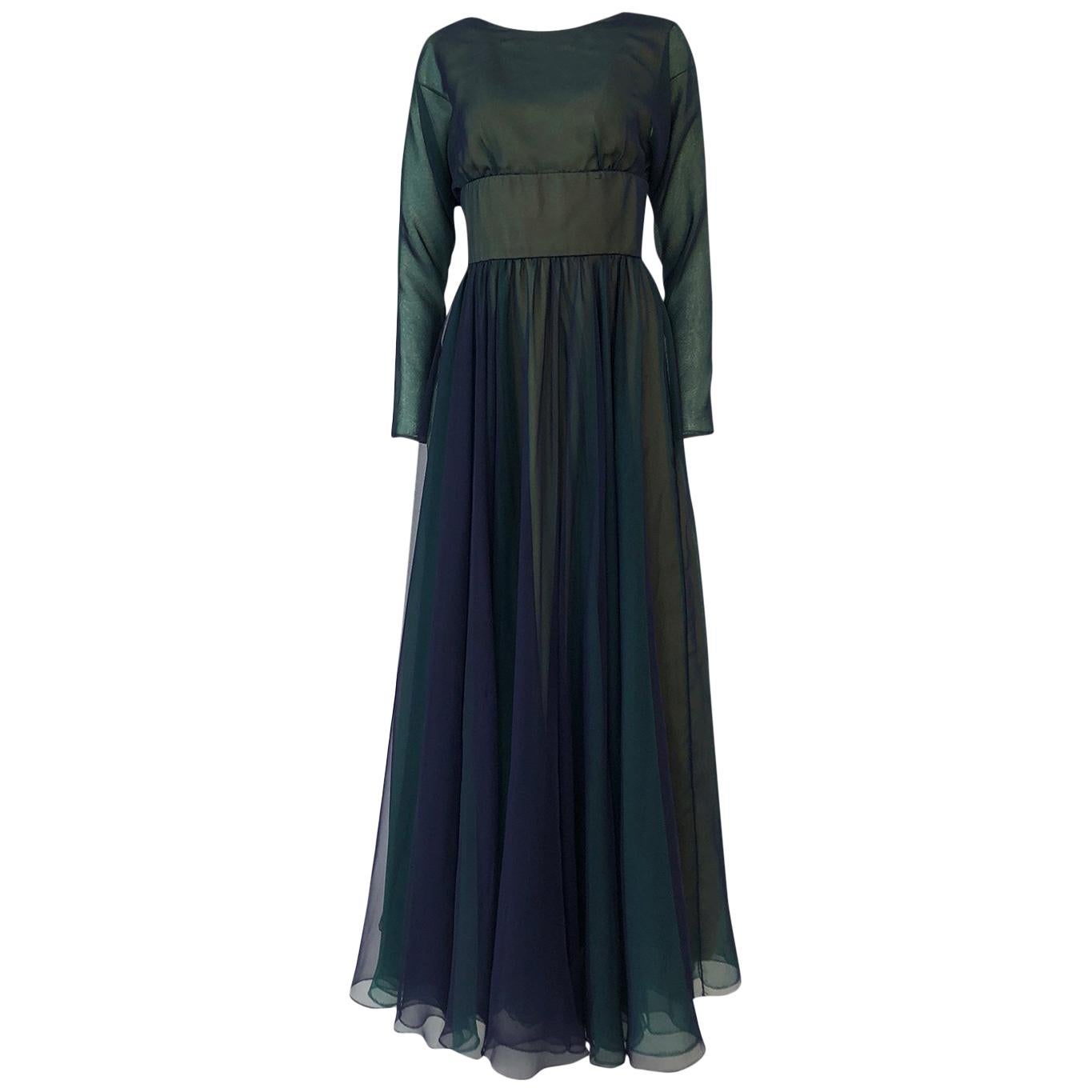 1960s Geoffrey Beene Blue & Green Backless Layered Chiffon Dress