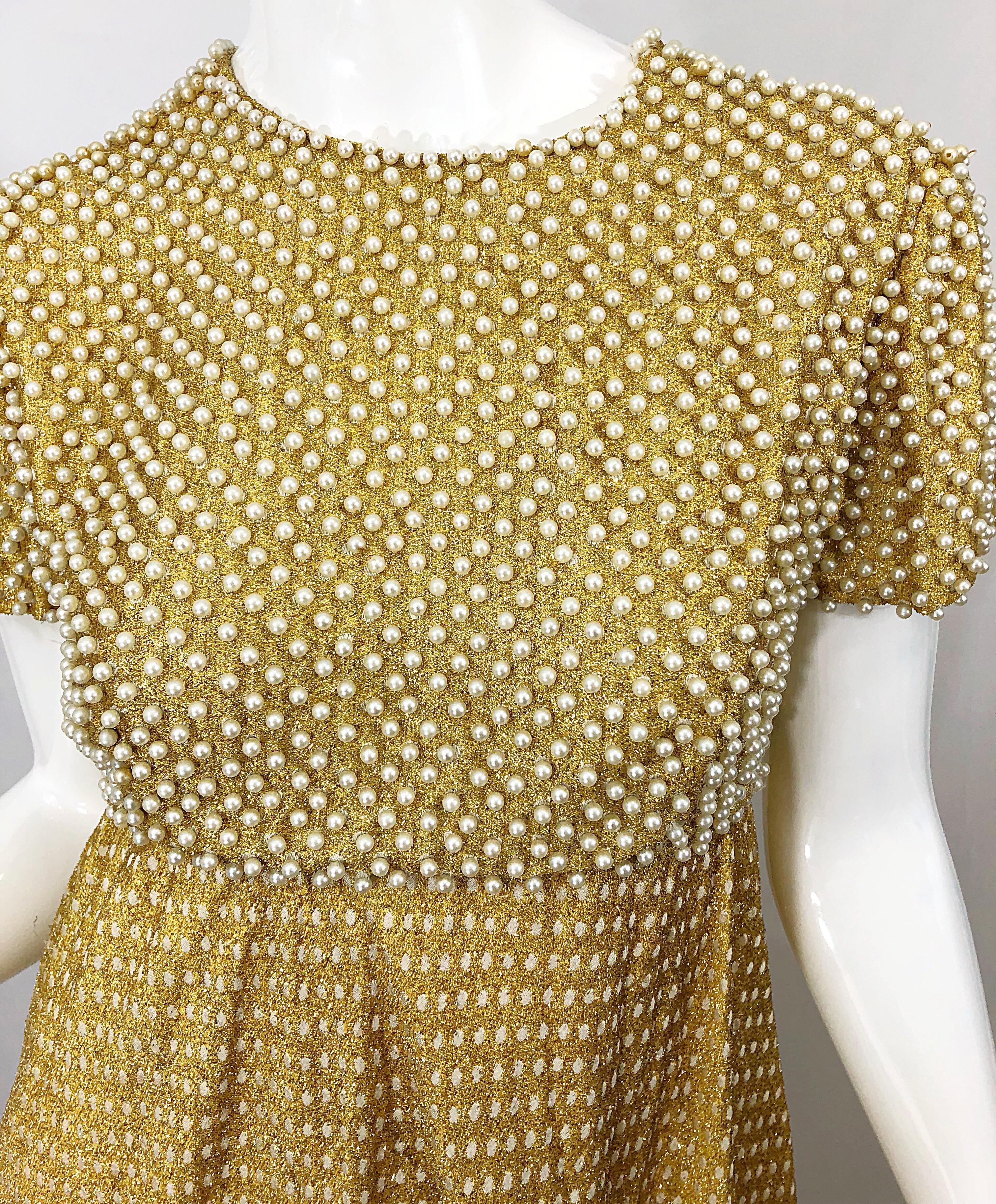 1960s Geoffrey Beene Couture Gold Silk Pearl Encrusted Vintage 60s Gown Dress 3