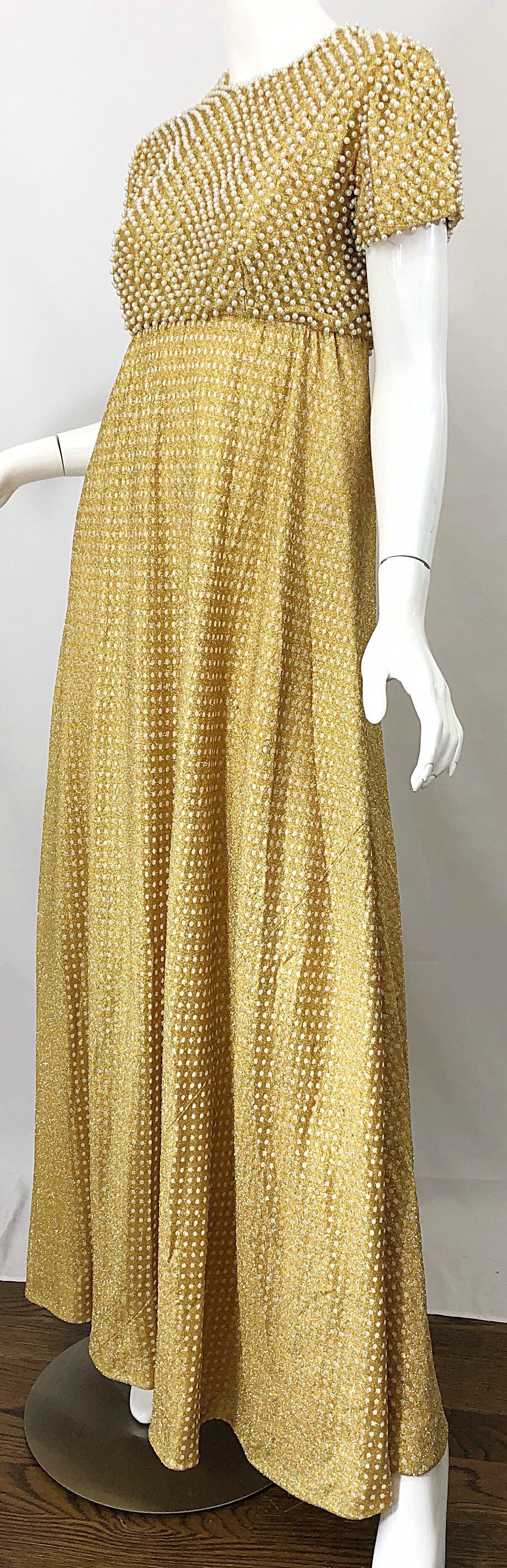 1960s Geoffrey Beene Couture Gold Silk Pearl Encrusted Vintage 60s Gown Dress 6