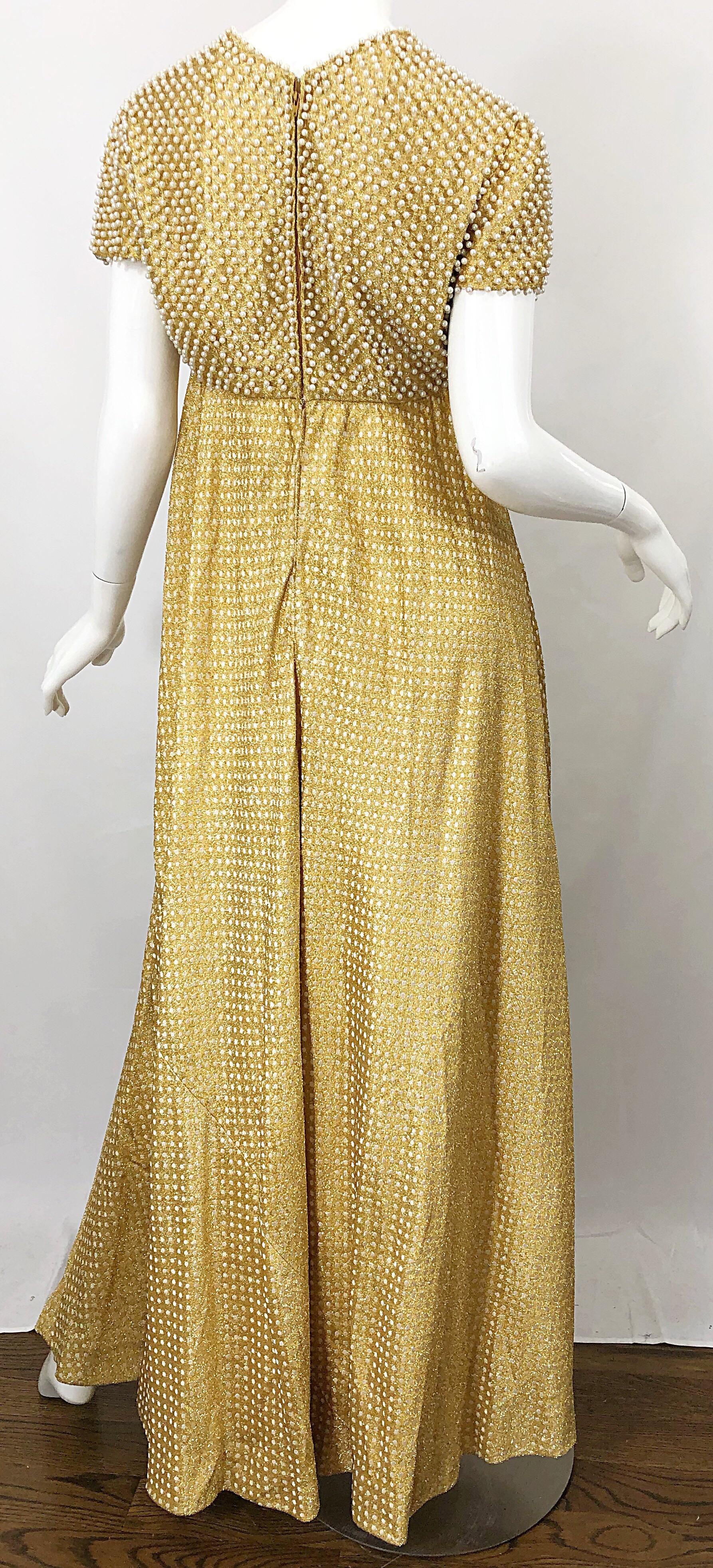 1960s Geoffrey Beene Couture Gold Silk Pearl Encrusted Vintage 60s Gown Dress 8