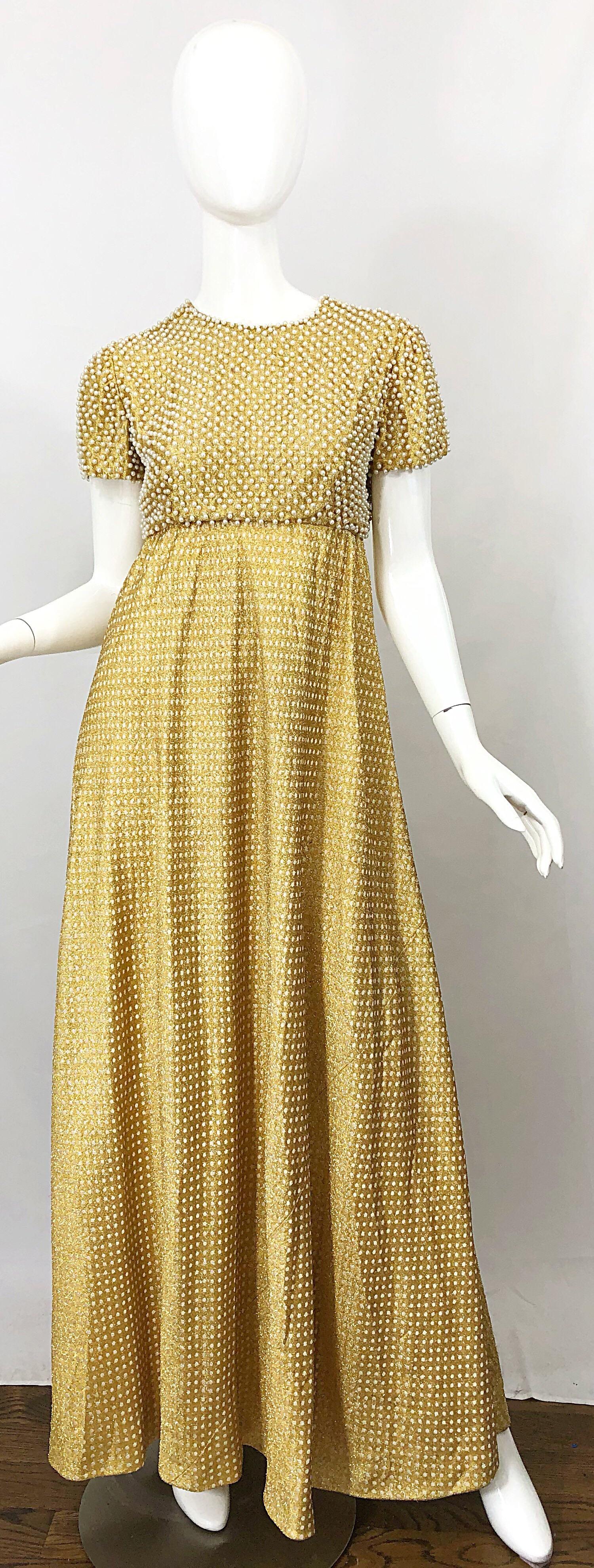 Musuem quality rare 1960s GEOFFREY BEEN gold silk metallic pearl encrusted short sleeve gown! Features hundreds of hand-sewn ivory pearls throughout the entire bodice. Gold silk lurex features white polka dots throughout. Hidden metal zipper up the
