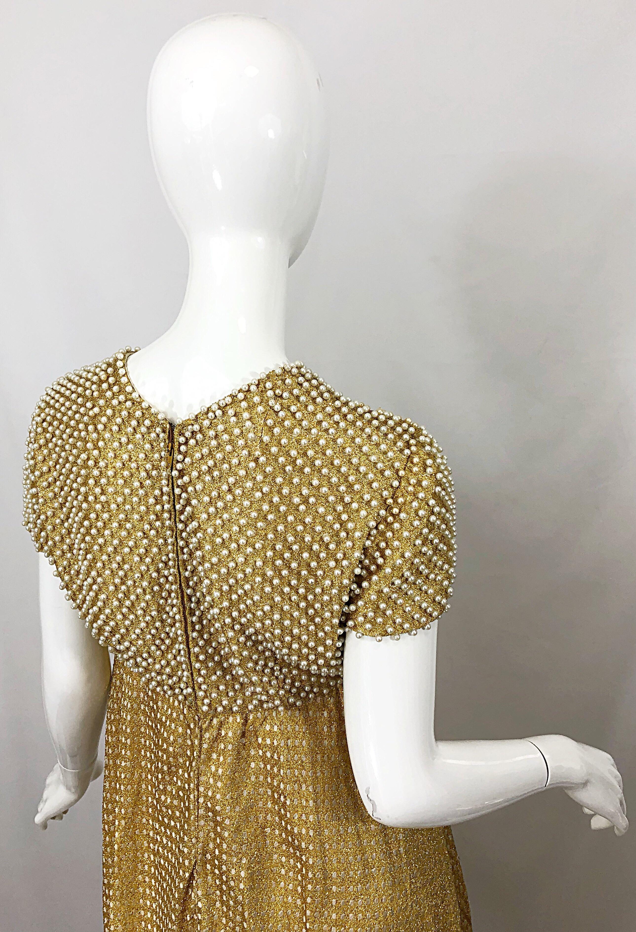 1960s Geoffrey Beene Couture Gold Silk Pearl Encrusted Vintage 60s Gown Dress In Excellent Condition In San Diego, CA