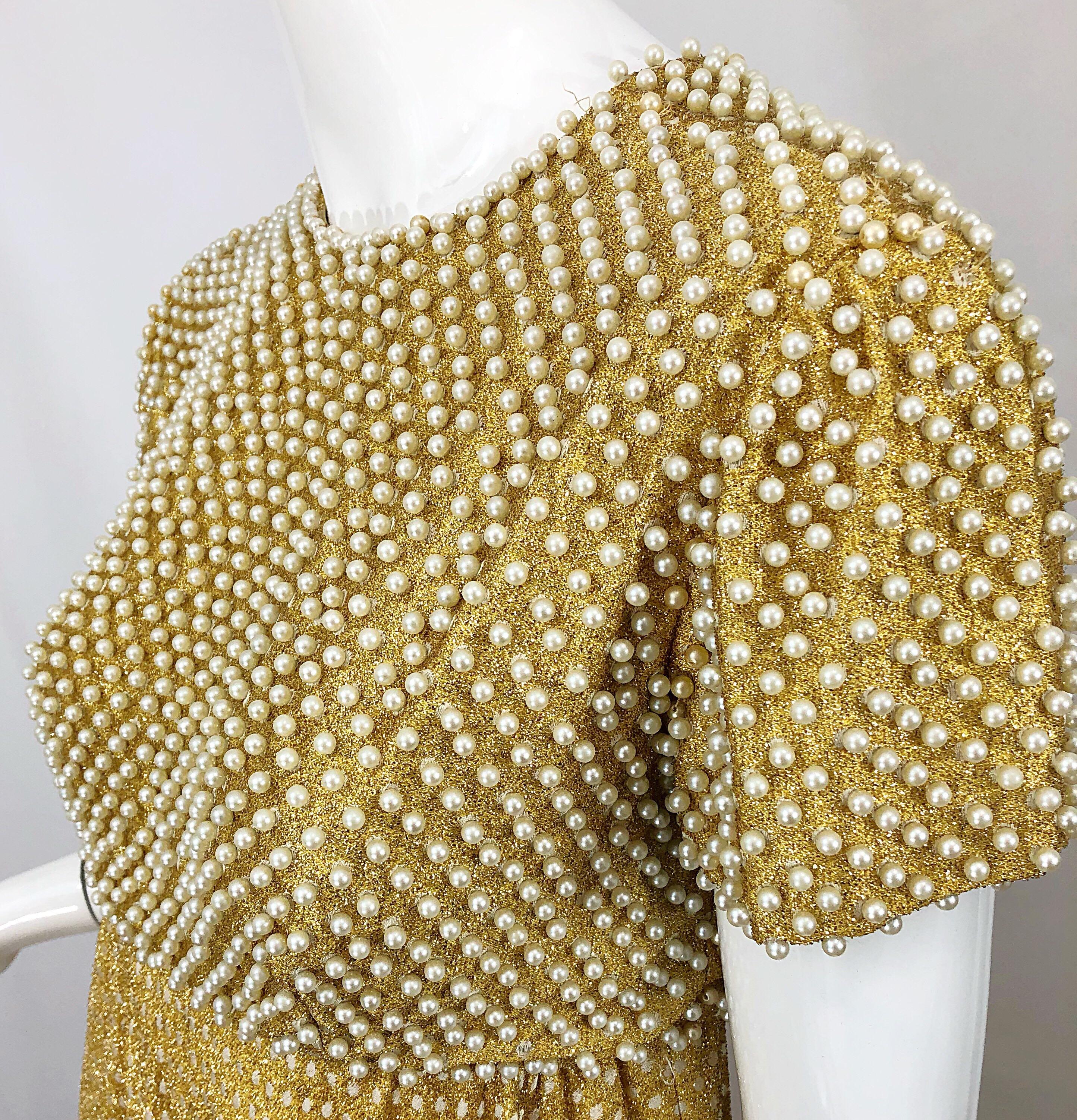 Women's 1960s Geoffrey Beene Couture Gold Silk Pearl Encrusted Vintage 60s Gown Dress