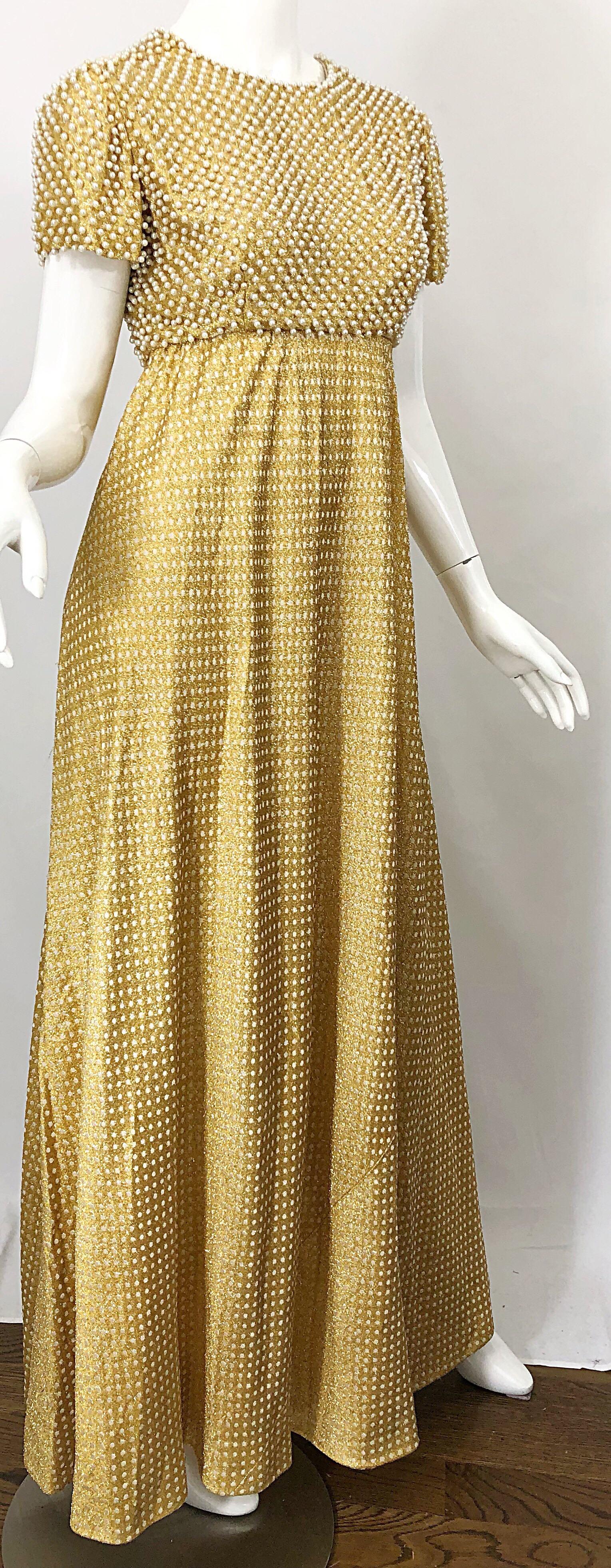 1960s Geoffrey Beene Couture Gold Silk Pearl Encrusted Vintage 60s Gown Dress 1