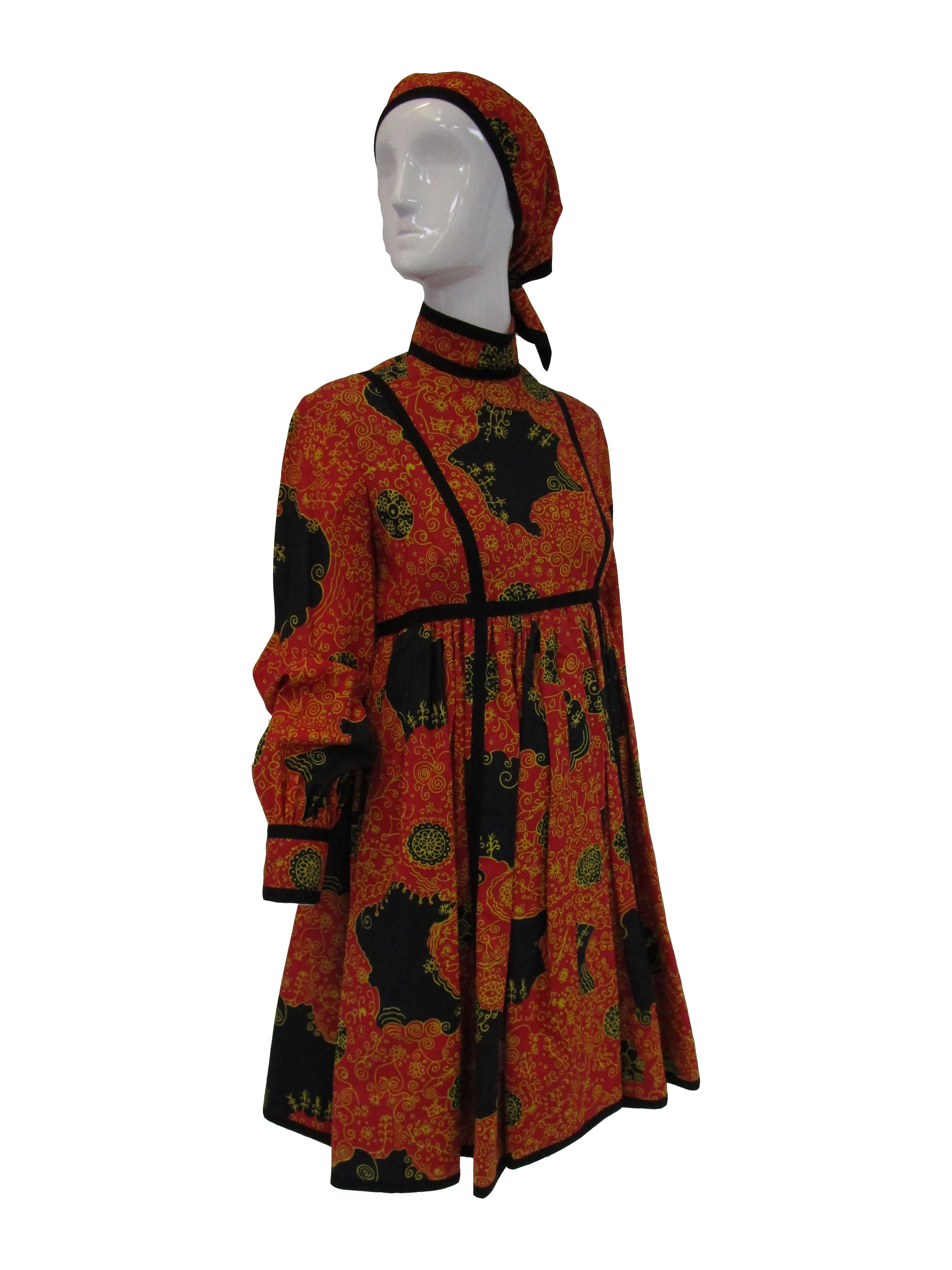 Brown 1960s Geoffrey Beene Decorative Printed Maxi Dress w Head Scarf 