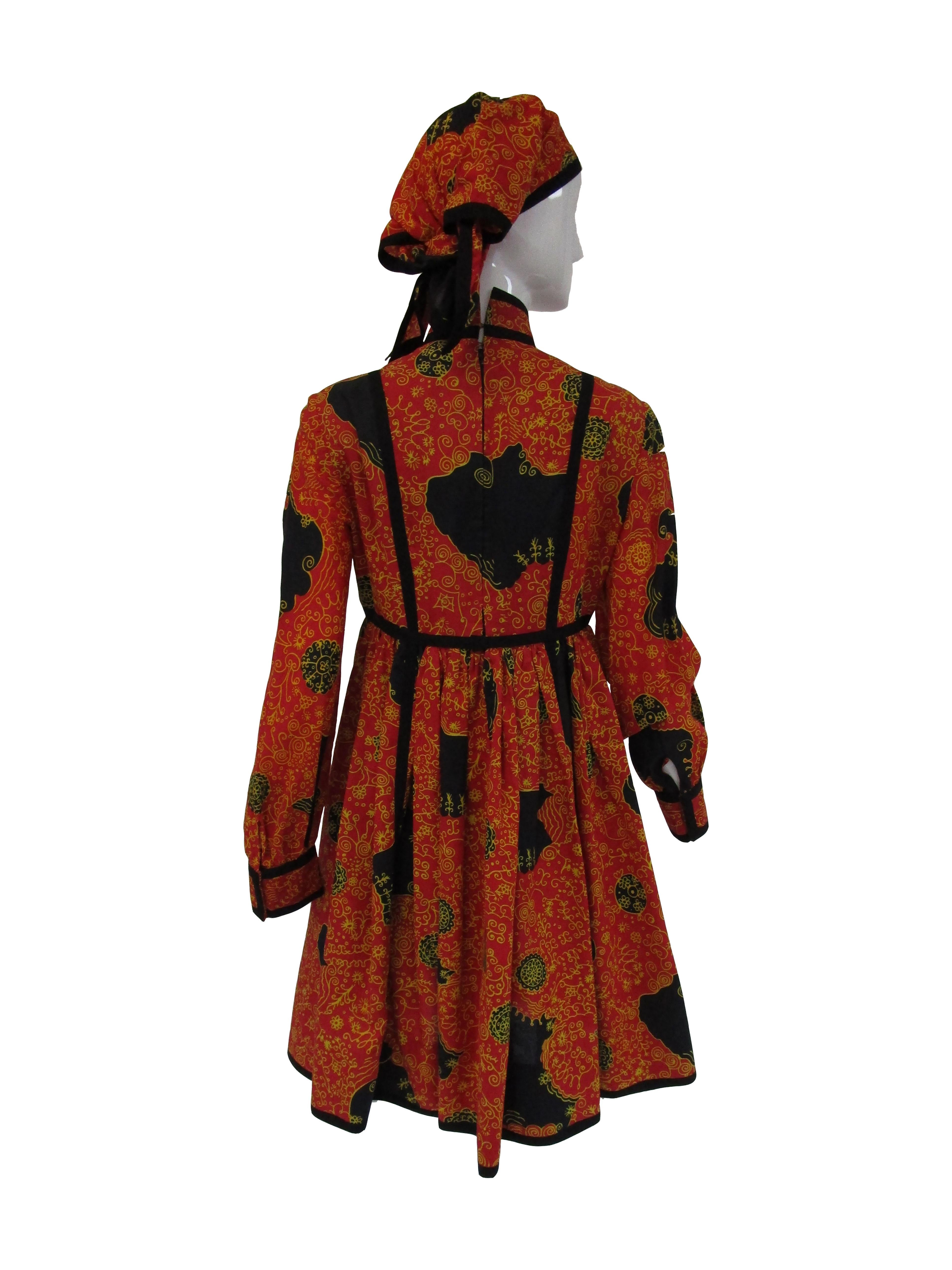 Women's 1960s Geoffrey Beene Decorative Printed Maxi Dress w Head Scarf 