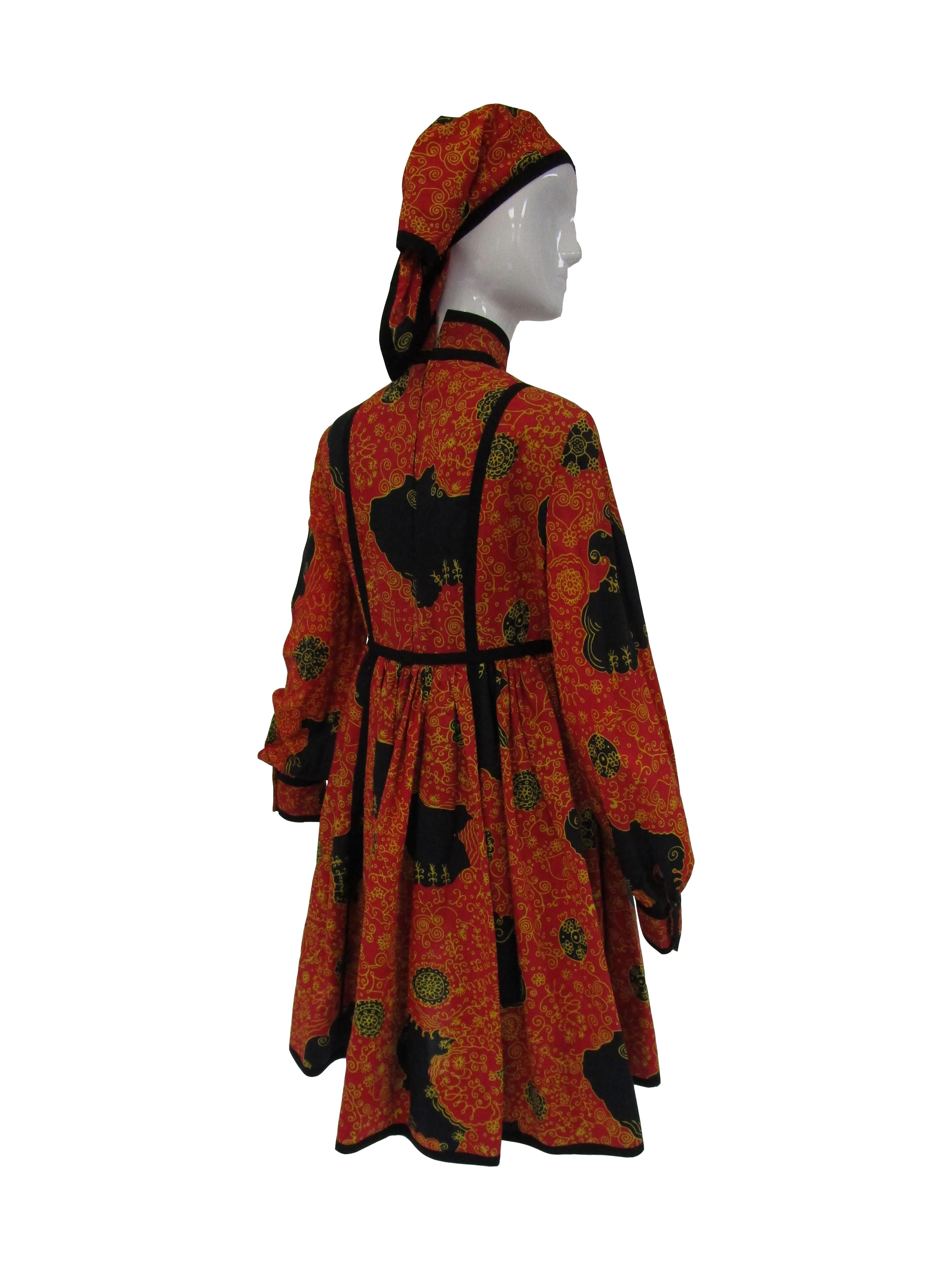 1960s Geoffrey Beene Decorative Printed Maxi Dress w Head Scarf  2