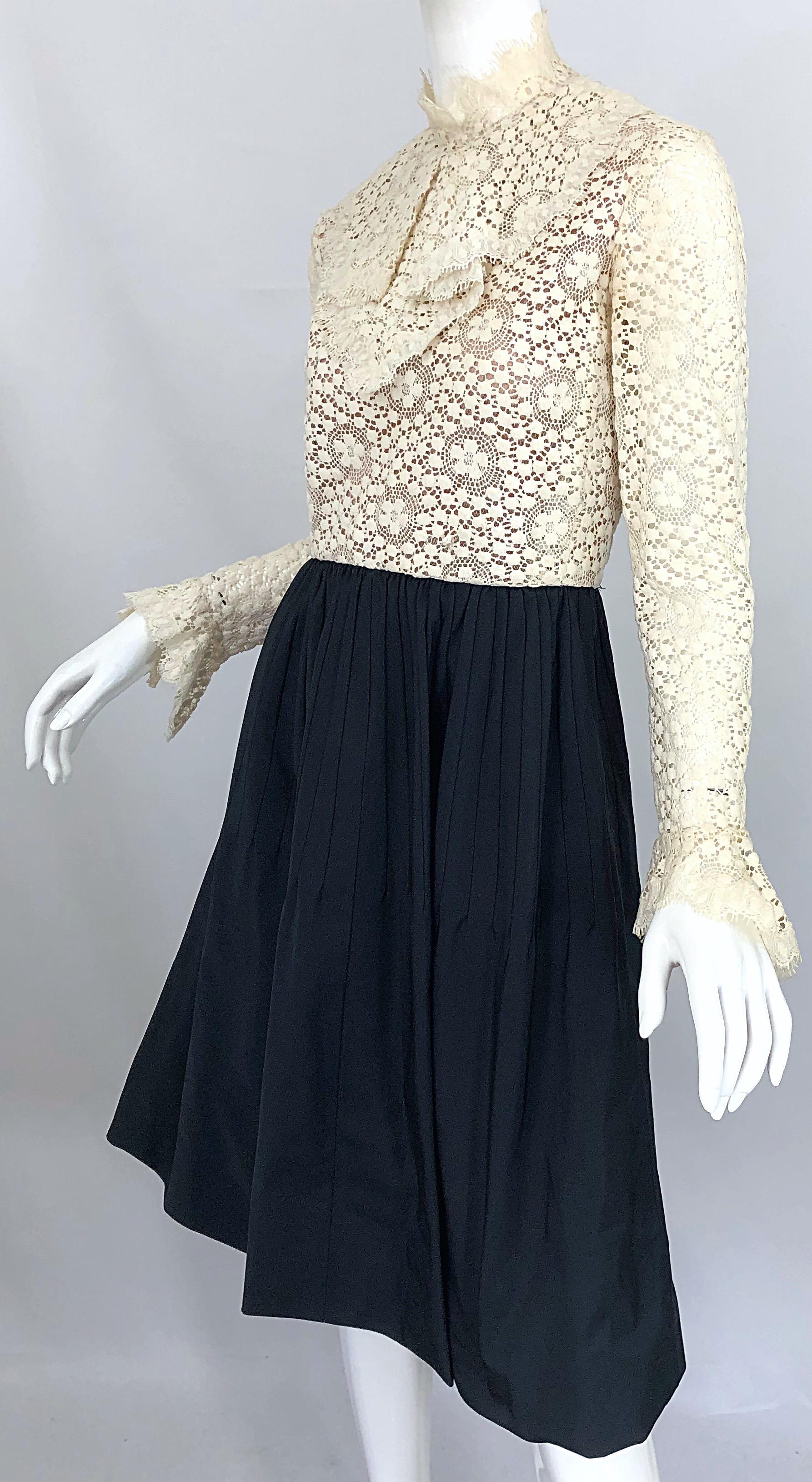 1960s Geoffrey Beene Ivory Crochet and Black Silk Taffeta Vintage 60s Dress For Sale 6