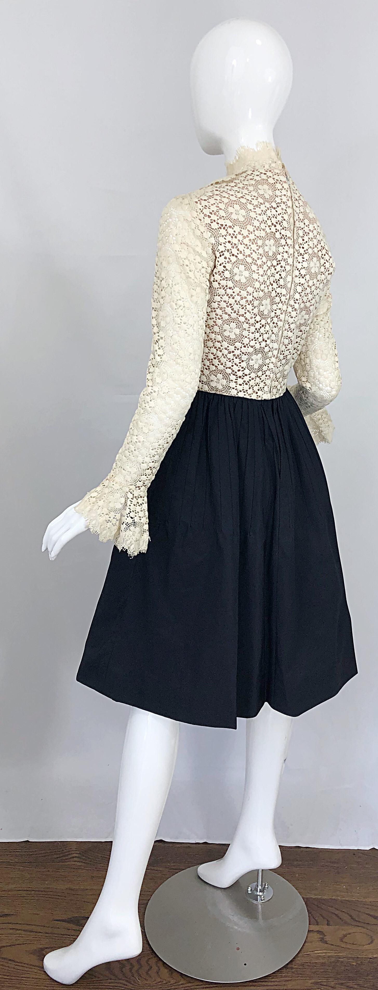 1960s Geoffrey Beene Ivory Crochet and Black Silk Taffeta Vintage 60s Dress For Sale 7