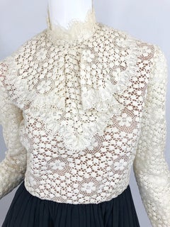 1960s Geoffrey Beene Ivory Crochet and Black Silk Taffeta Vintage 60s Dress