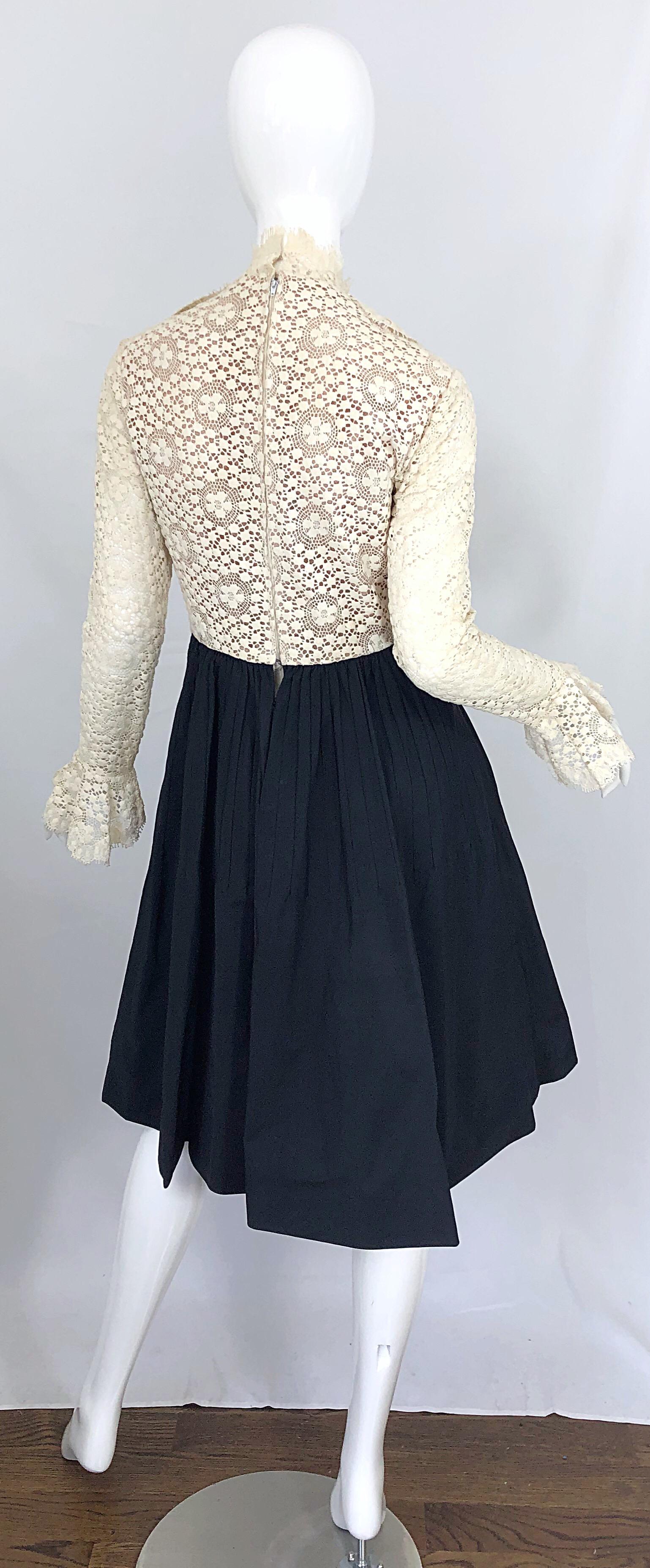 White 1960s Geoffrey Beene Ivory Crochet and Black Silk Taffeta Vintage 60s Dress For Sale