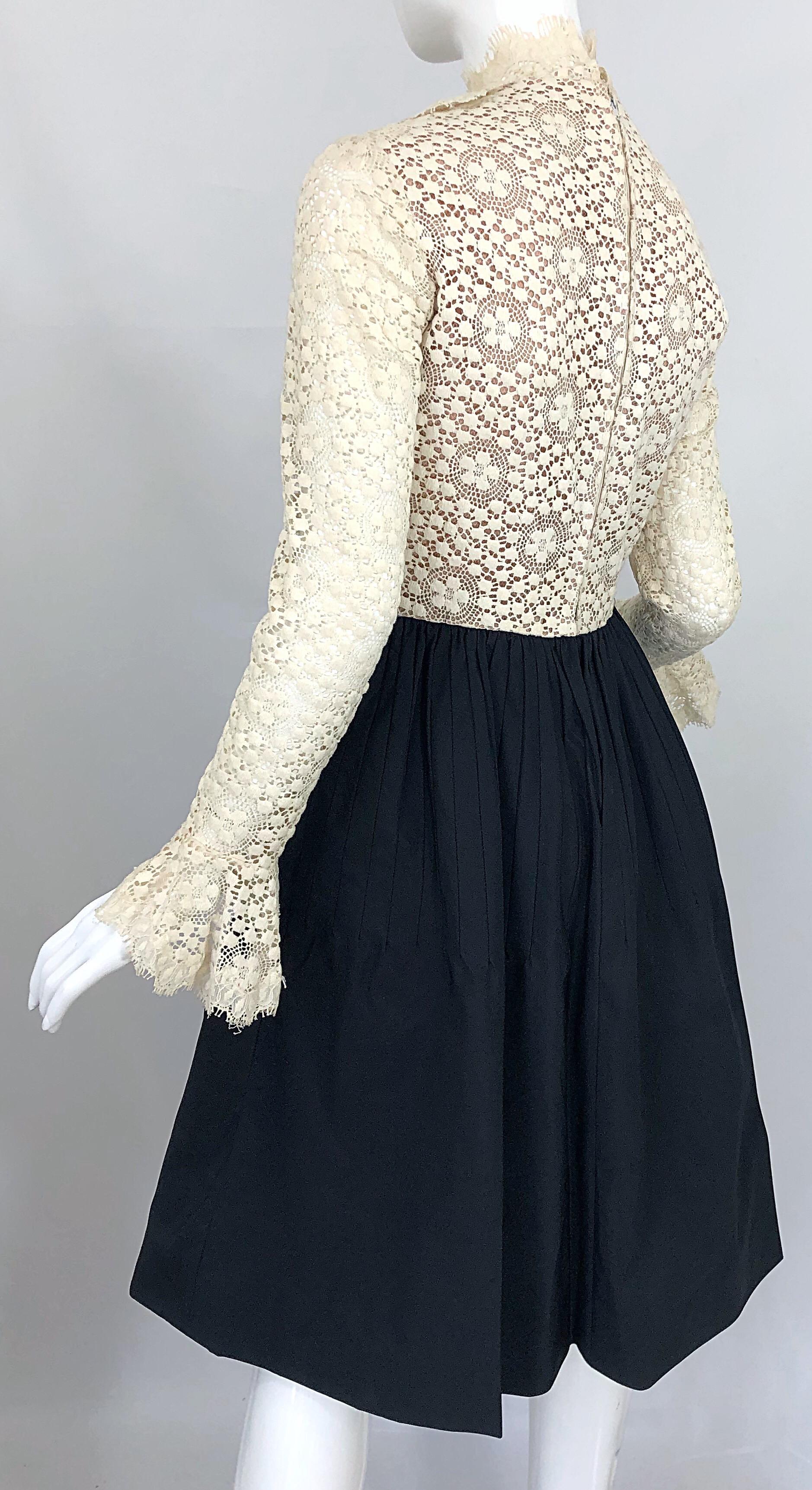 1960s Geoffrey Beene Ivory Crochet and Black Silk Taffeta Vintage 60s Dress For Sale 1