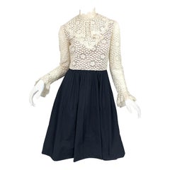 1960s Geoffrey Beene Ivory Crochet and Black Silk Taffeta Vintage 60s Dress