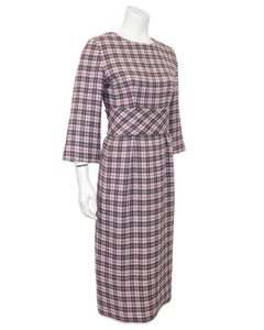 1960's Geoffrey Beene Pink and Grey Plaid Wool Day Dress w Belt