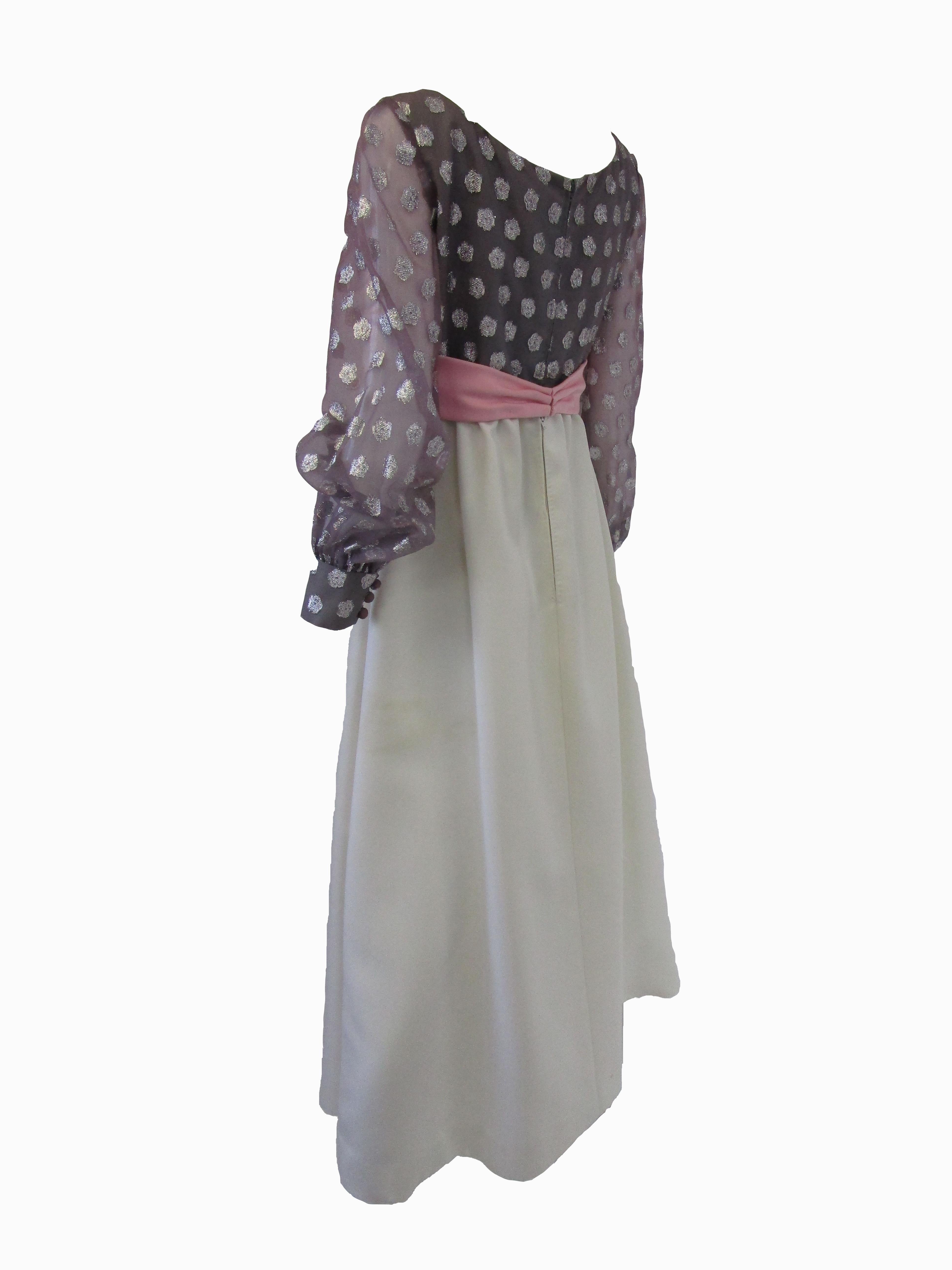 Gray 1960s  Geoffrey Beene Purple, Pink and Cream Silk Gown with Silver Polka Dots  For Sale