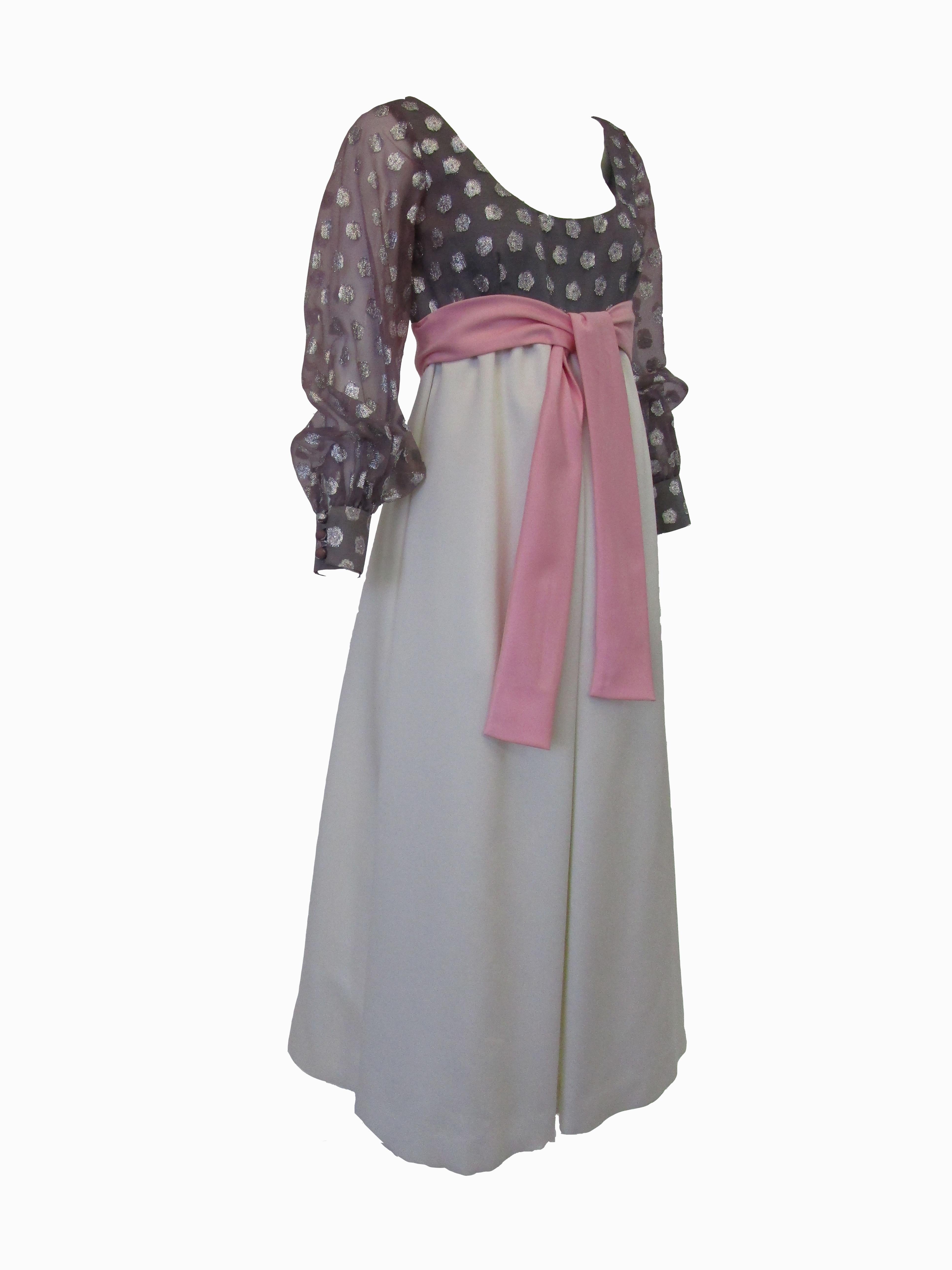 1960s  Geoffrey Beene Purple, Pink and Cream Silk Gown with Silver Polka Dots  In Good Condition For Sale In Houston, TX