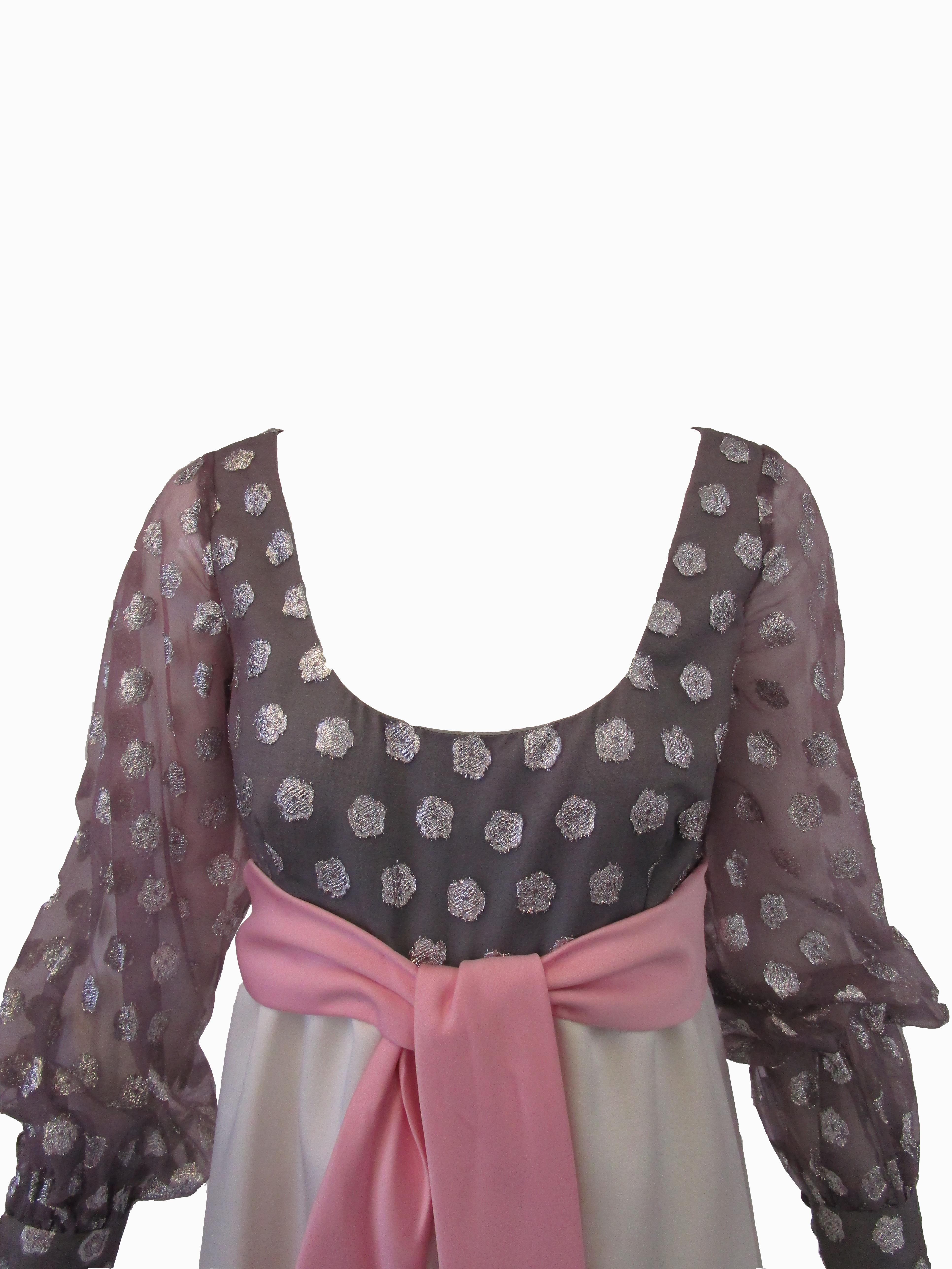 Women's 1960s  Geoffrey Beene Purple, Pink and Cream Silk Gown with Silver Polka Dots  For Sale