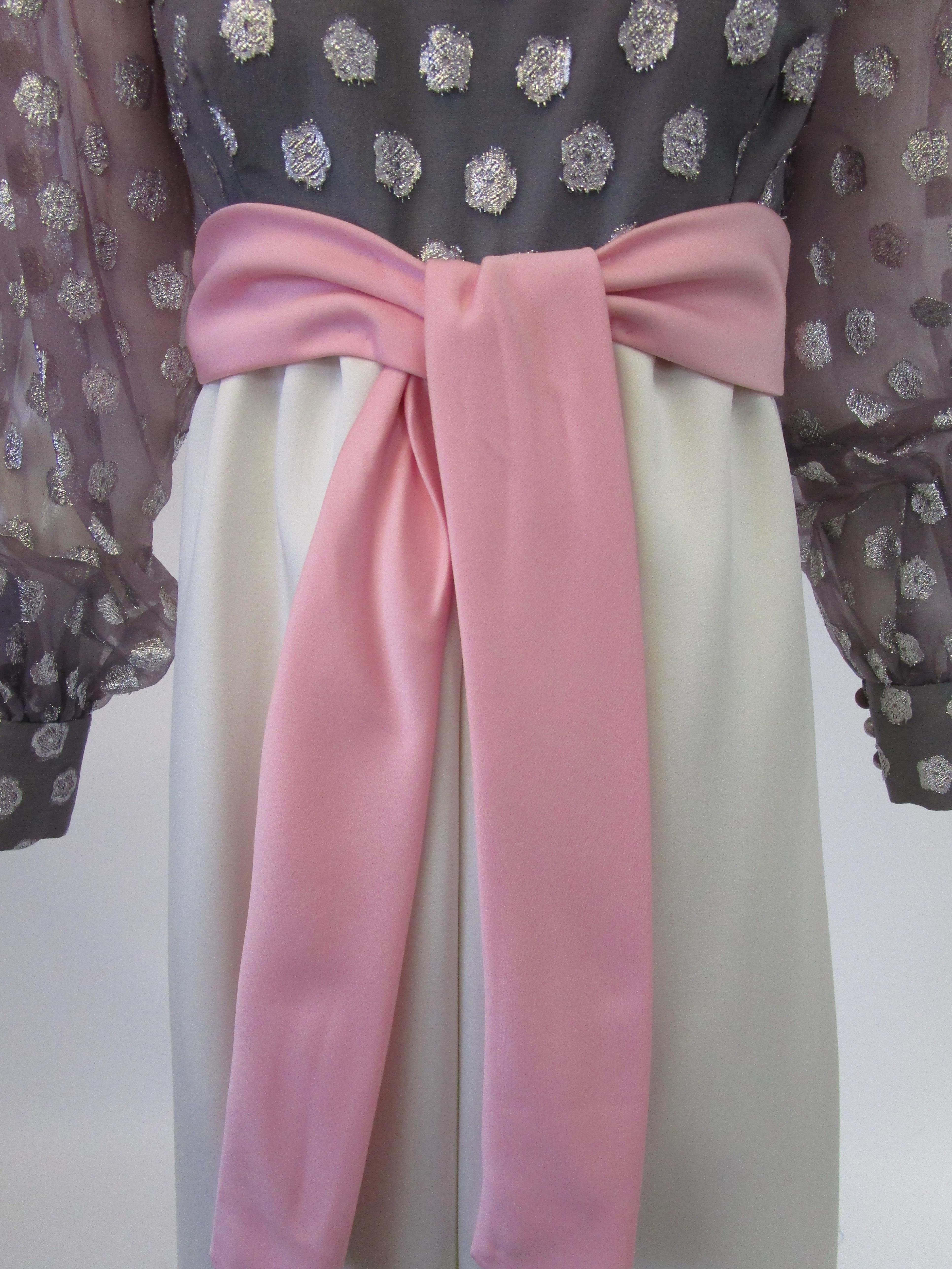 1960s  Geoffrey Beene Purple, Pink and Cream Silk Gown with Silver Polka Dots  For Sale 1