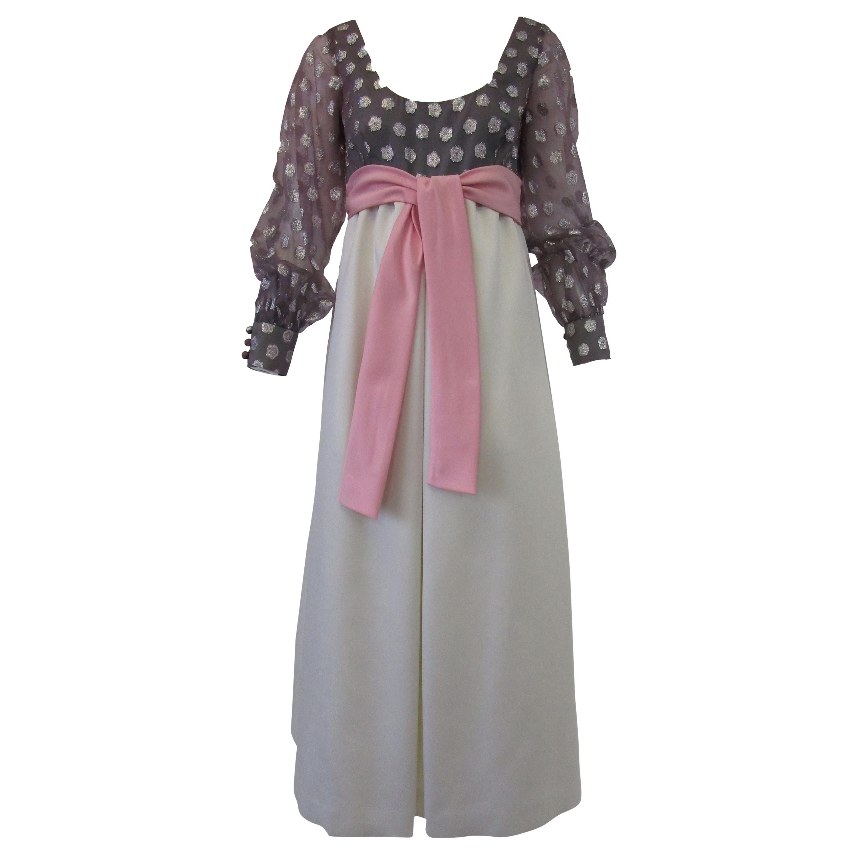1960s  Geoffrey Beene Purple, Pink and Cream Silk Gown with Silver Polka Dots  For Sale