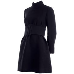 1960s Geoffrey Beene Vintage Black Knit Mini Tent Dress With Wide Belt