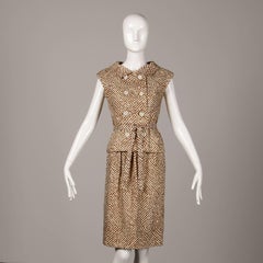 1960s Geoffrey Beene Vintage Brown 3-Piece Linen Skirt, Vest, Belt Suit Ensemble