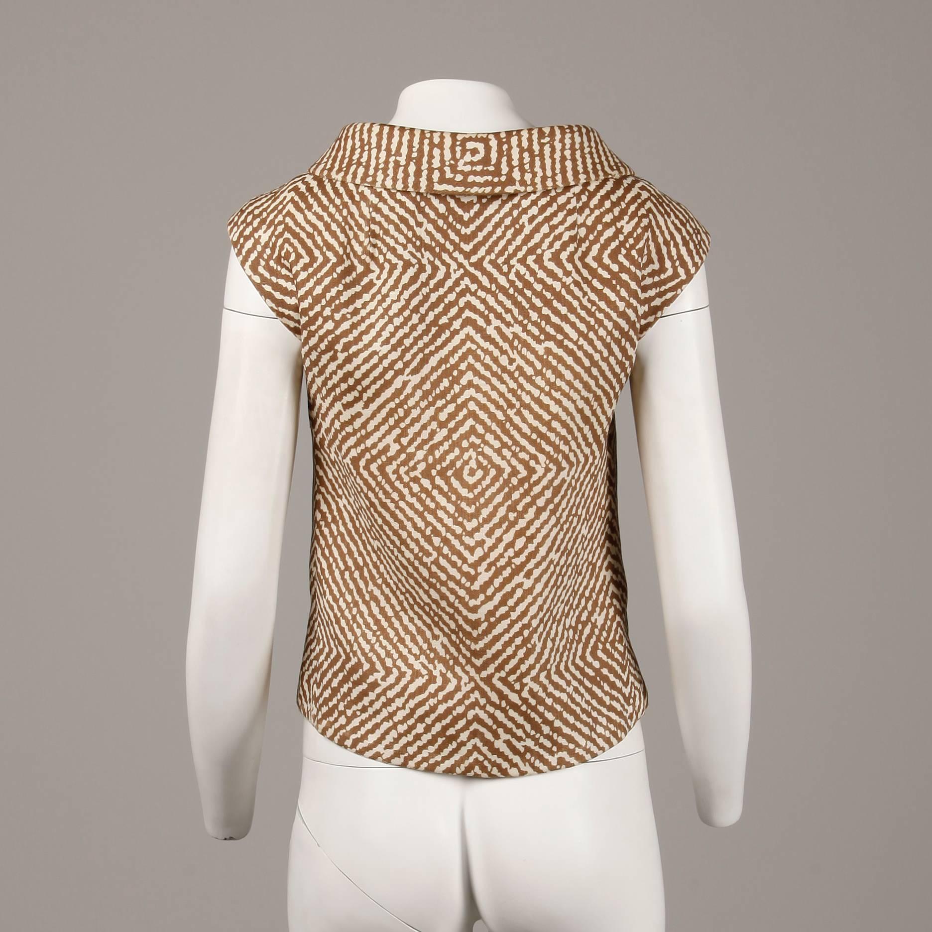 Women's 1960s Geoffrey Beene Vintage Brown 3-Piece Linen Skirt, Vest, Belt Suit Ensemble