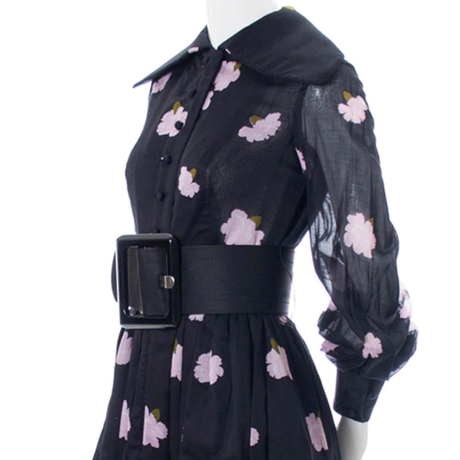 Black 1960s Geoffrey Beene Vintage Midnight Blue Organza Maxi Dress w Pink Flowers