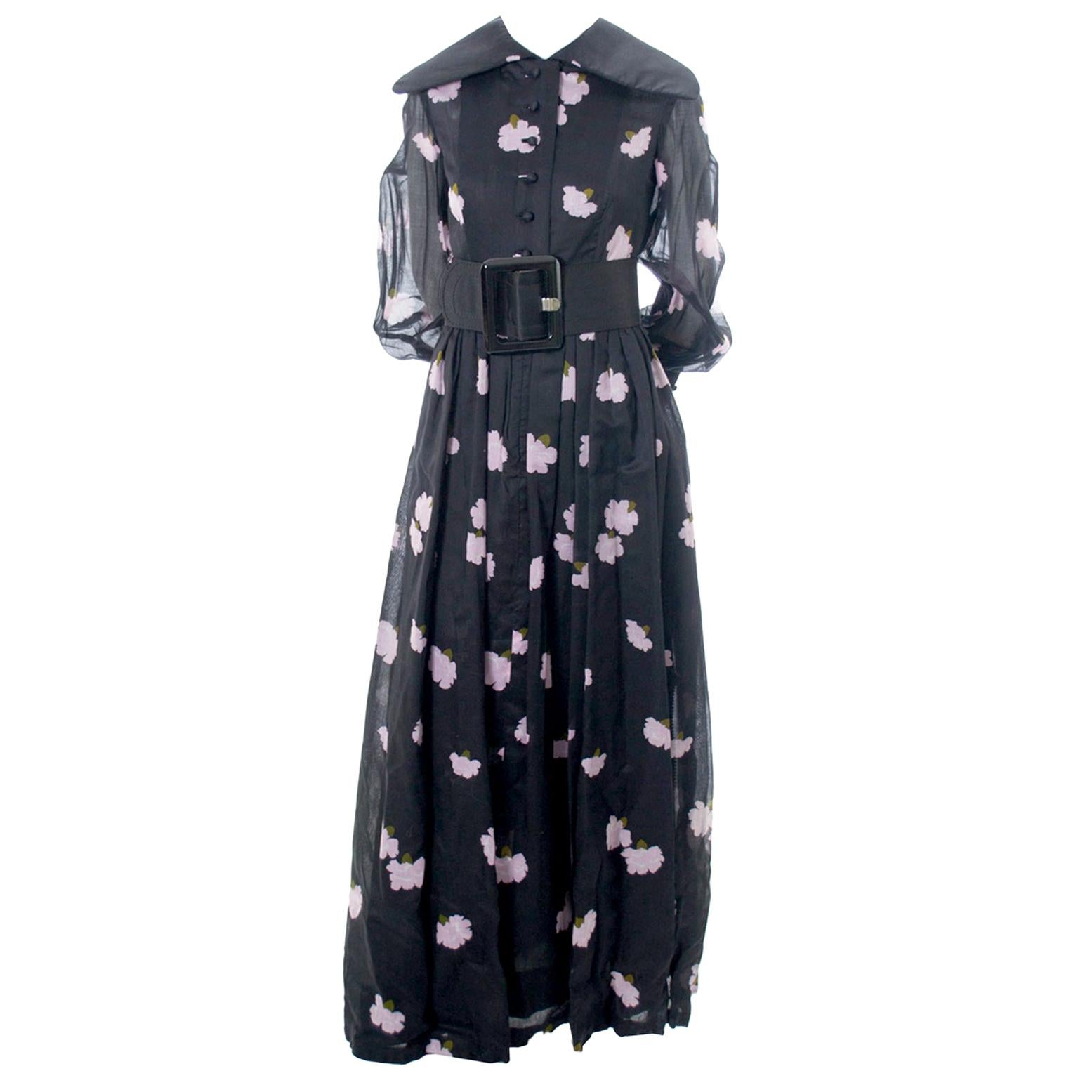 1960s Geoffrey Beene Vintage Midnight Blue Organza Maxi Dress w Pink Flowers