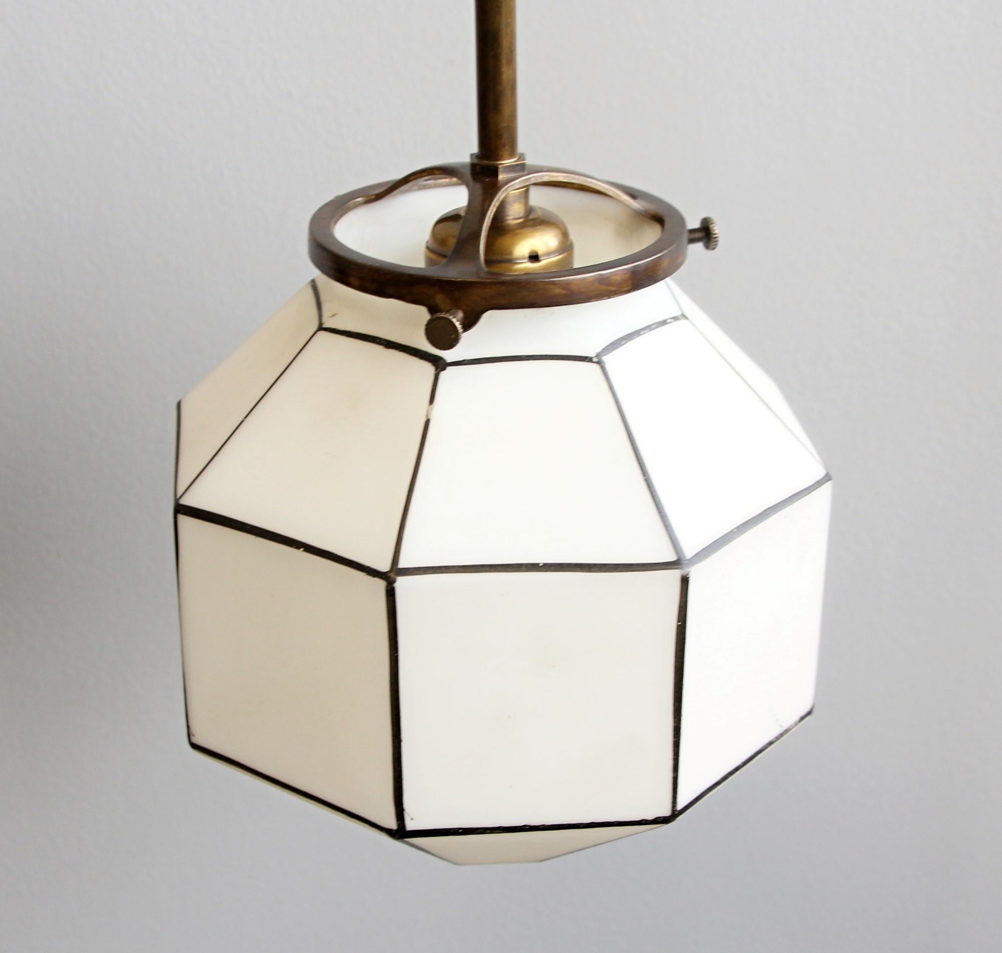 American 1960s Geometric Pendant Light w/ White & Black Glass Globe and Brass Hardware