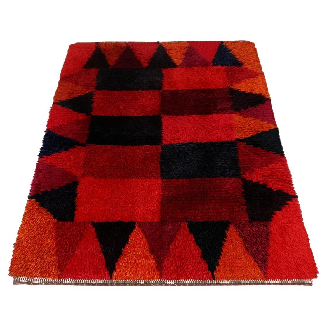 1960s Geometric Rya Rug in Red + Black For Sale