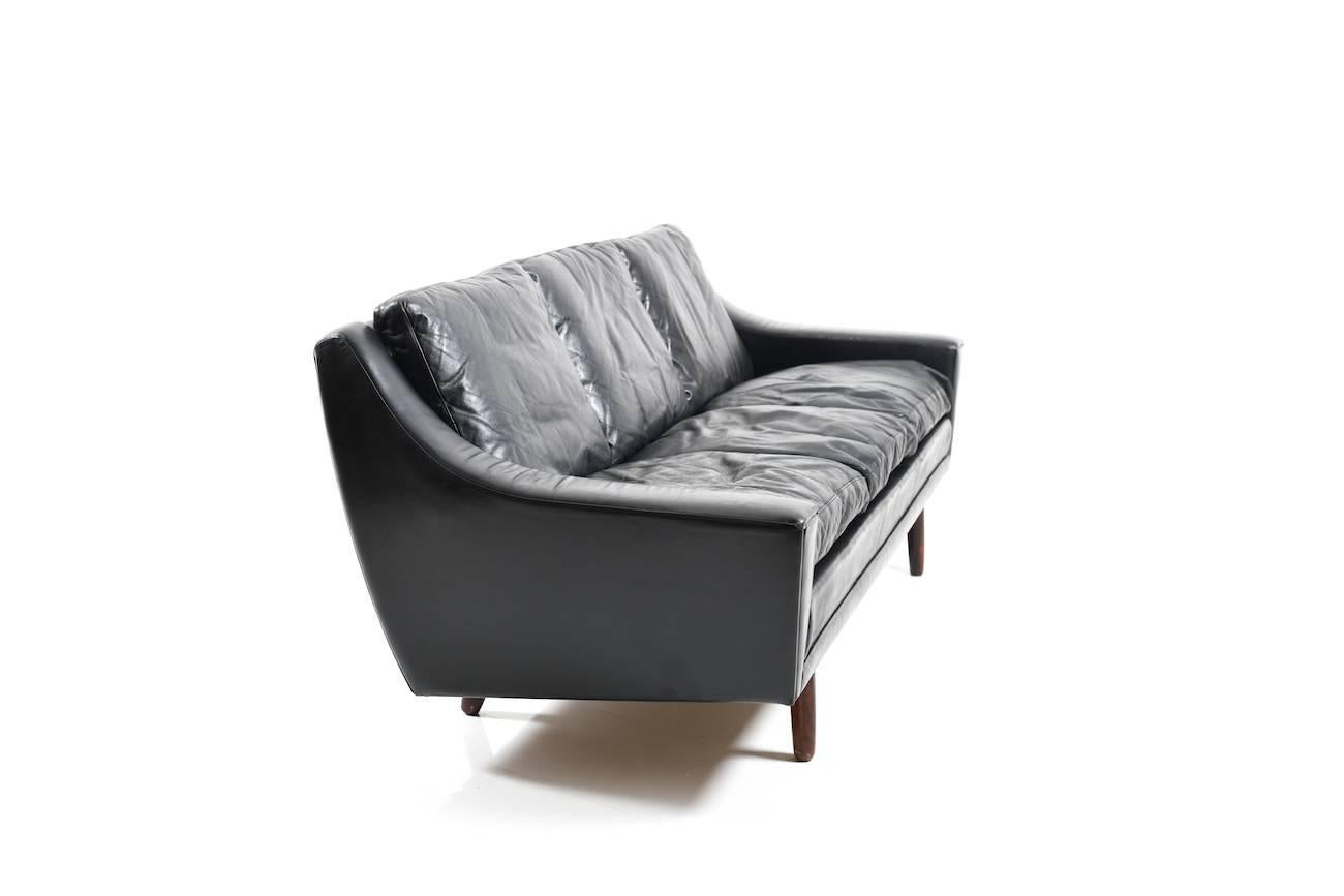 Danish 1960s Georg Thams Black Leather Three-Seat Sofa For Sale