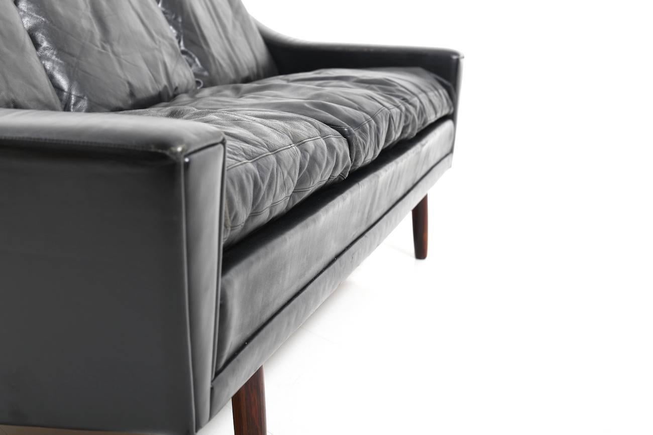 Mid-20th Century 1960s Georg Thams Black Leather Three-Seat Sofa For Sale