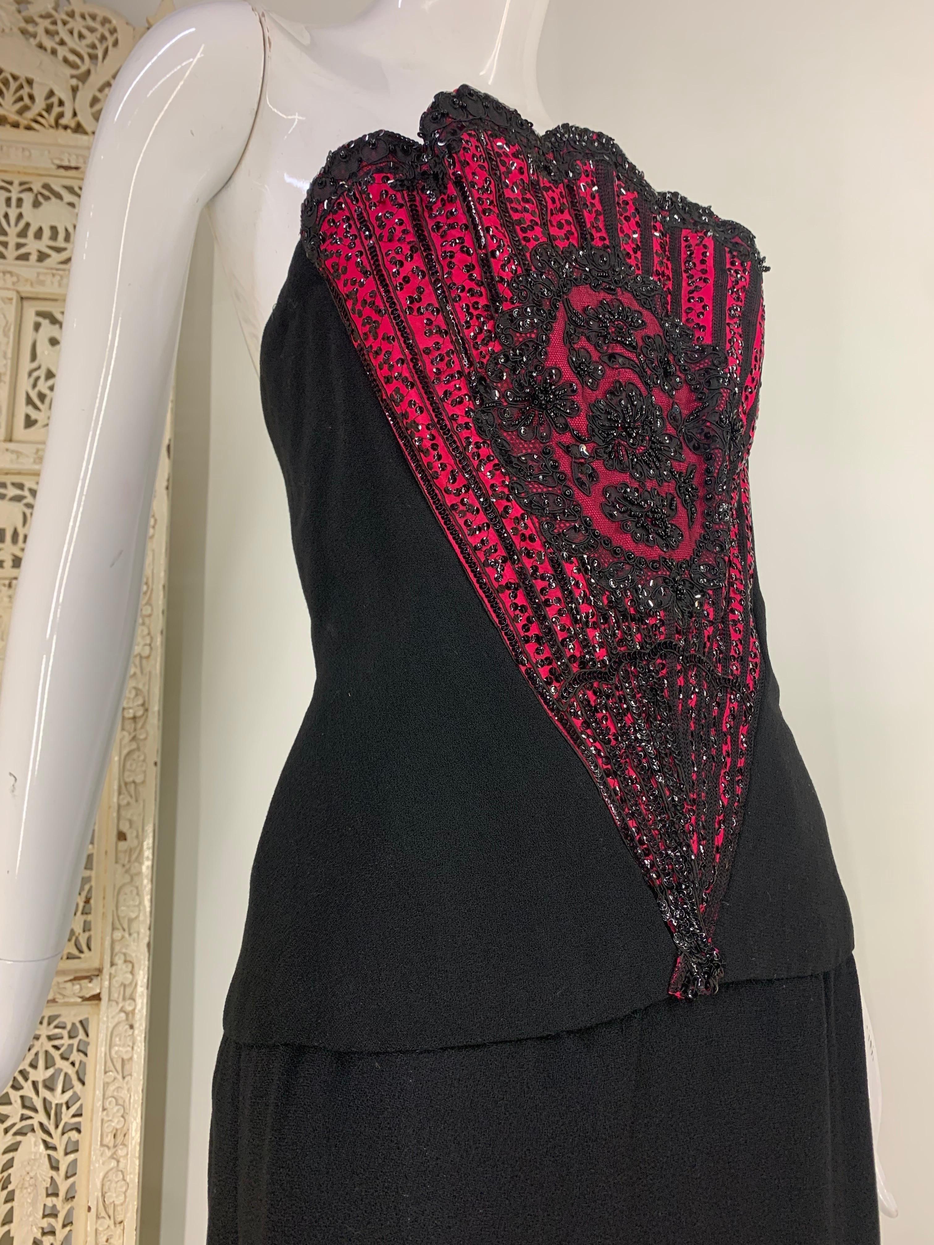 1960s George Halley Black Wool Crepe Column Gown w Stunning Beaded Fan Corset  For Sale 6