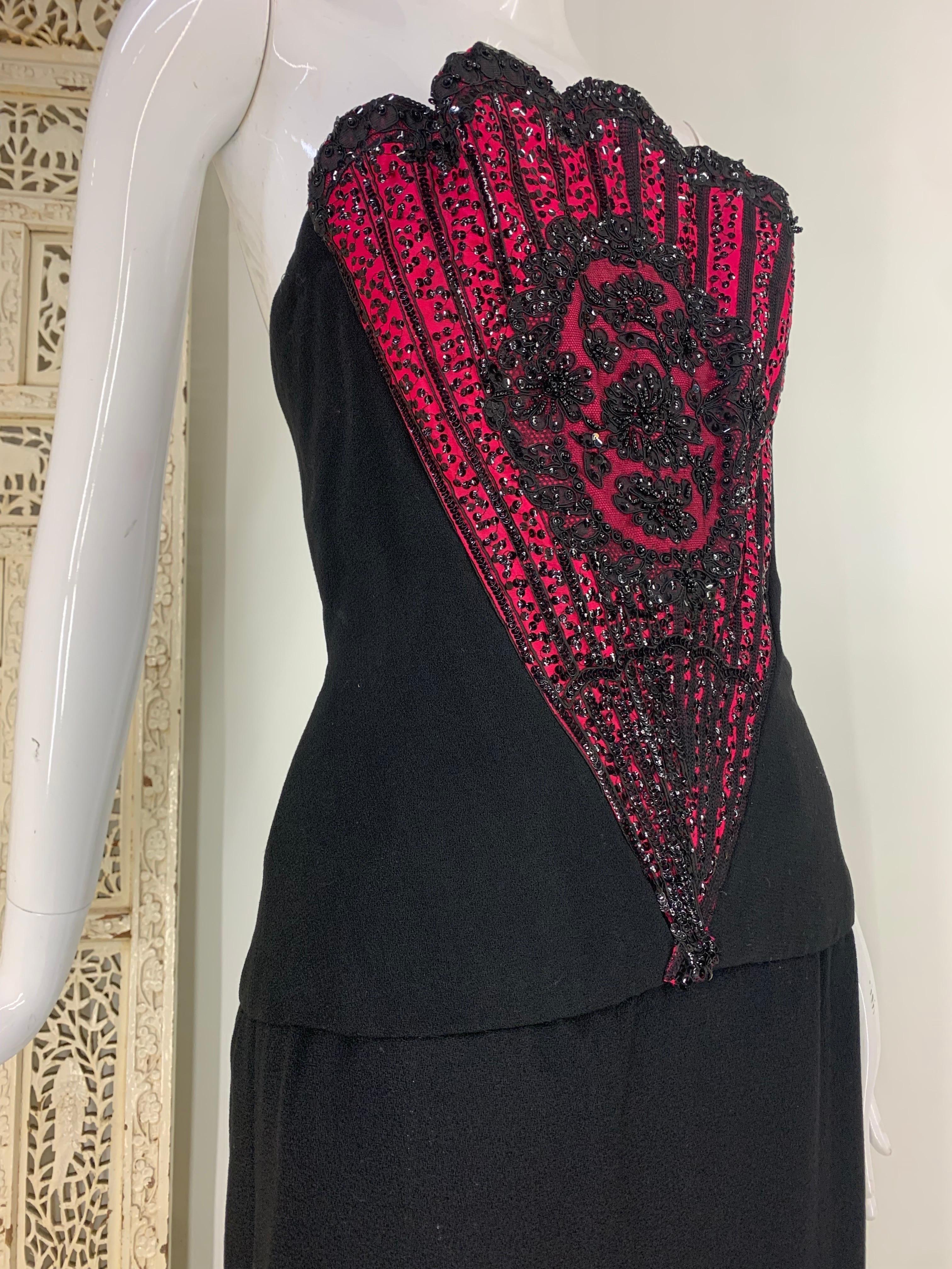 1960s George Halley Black Wool Crepe Column Gown w Stunning Beaded Fan Corset  For Sale 7