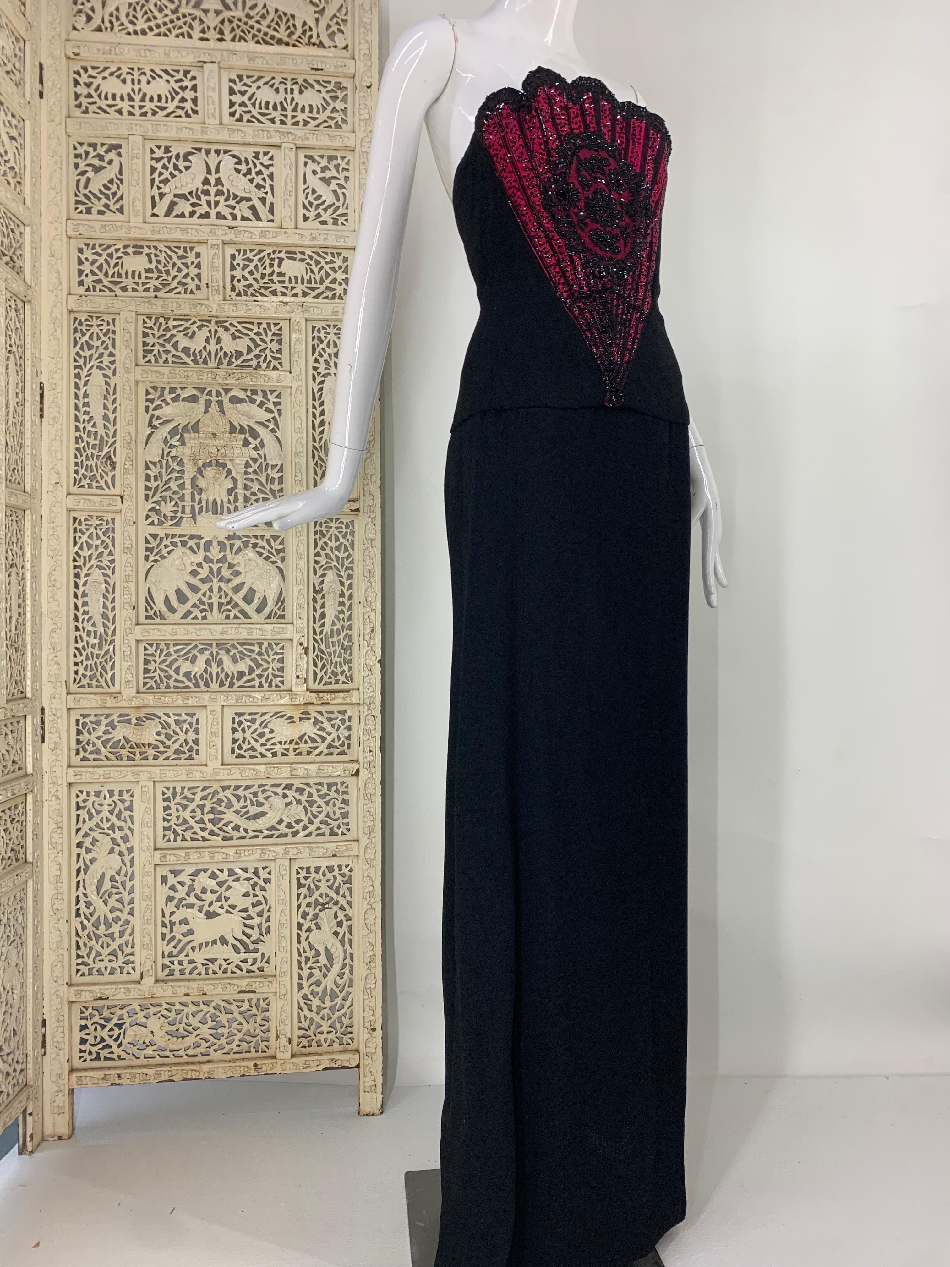 1960s George Halley Black Wool Crepe Column Gown w Stunning Beaded Fan Corset  For Sale 8