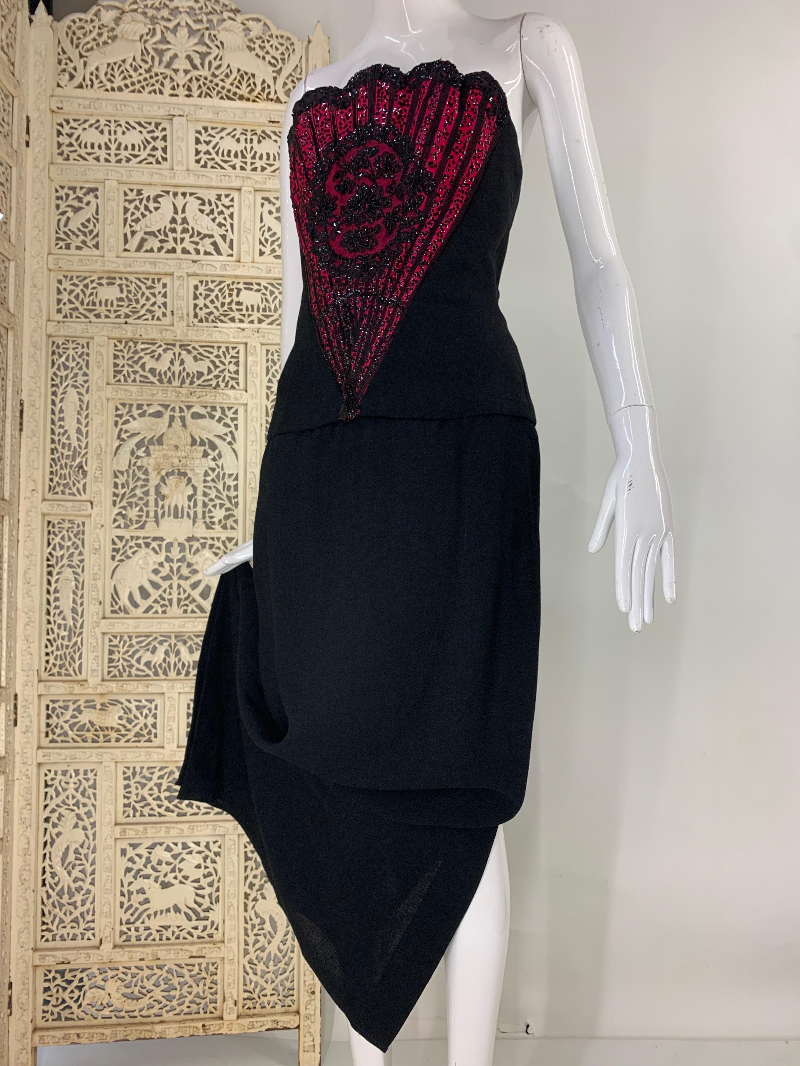 1960s George Halley Black Wool Crepe Column Gown w Stunning Beaded Fan Corset:  Remarkable Victorian inspired fuchsia and black sequin and beaded strapless fan-shaped, fully corseted and structured long-line bodice. Straight column skirt with side