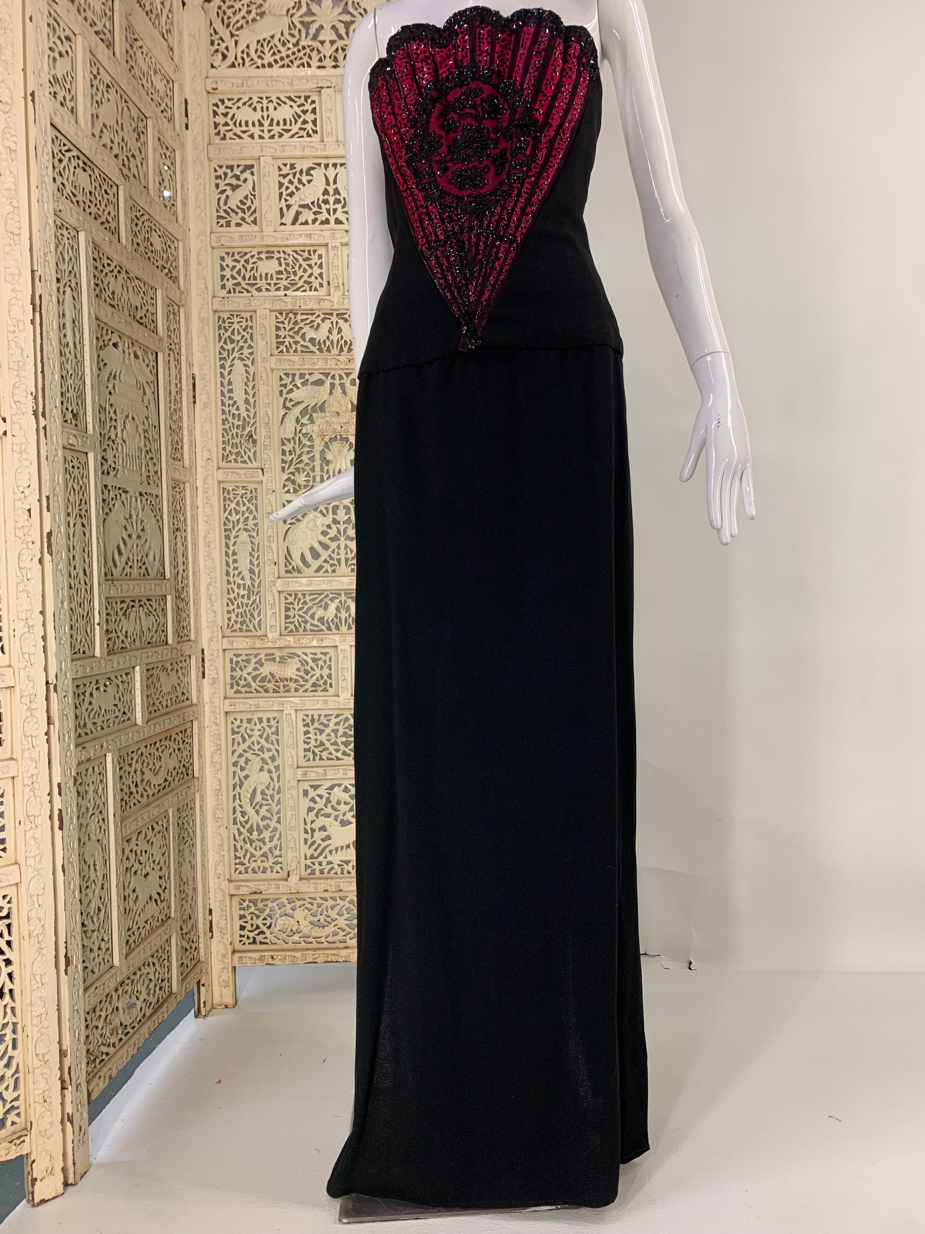 1960s George Halley Black Wool Crepe Column Gown w Stunning Beaded Fan Corset  In Excellent Condition For Sale In Gresham, OR