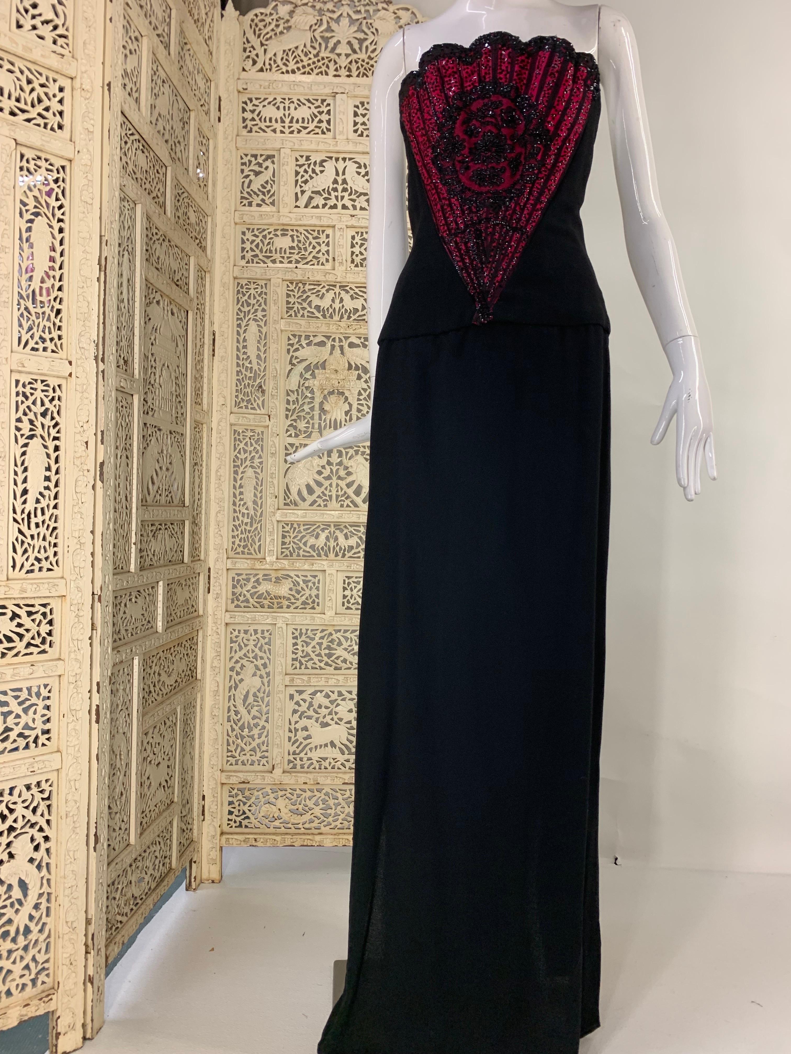 Women's 1960s George Halley Black Wool Crepe Column Gown w Stunning Beaded Fan Corset  For Sale