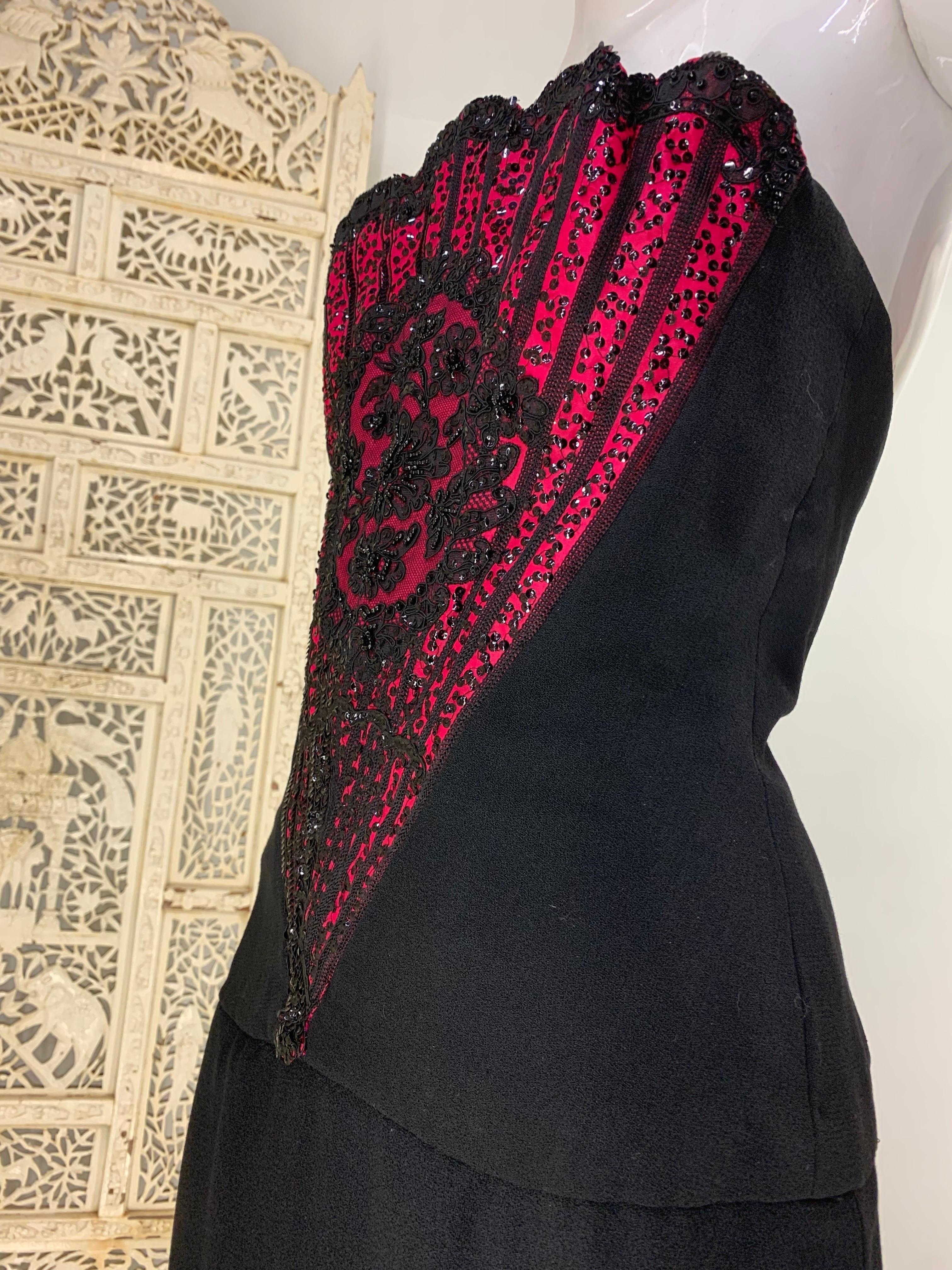 1960s George Halley Black Wool Crepe Column Gown w Stunning Beaded Fan Corset  For Sale 1