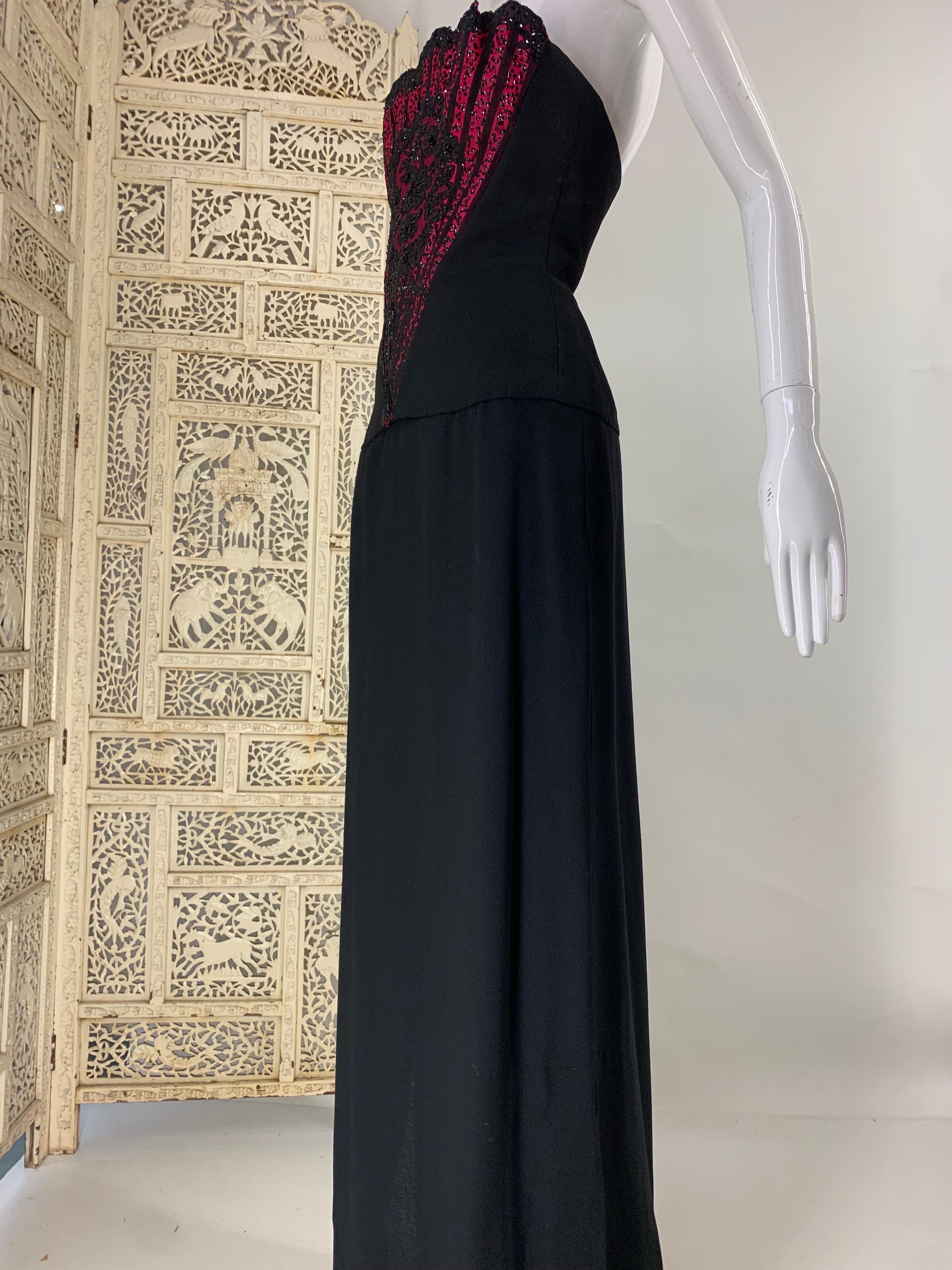 1960s George Halley Black Wool Crepe Column Gown w Stunning Beaded Fan Corset  For Sale 2