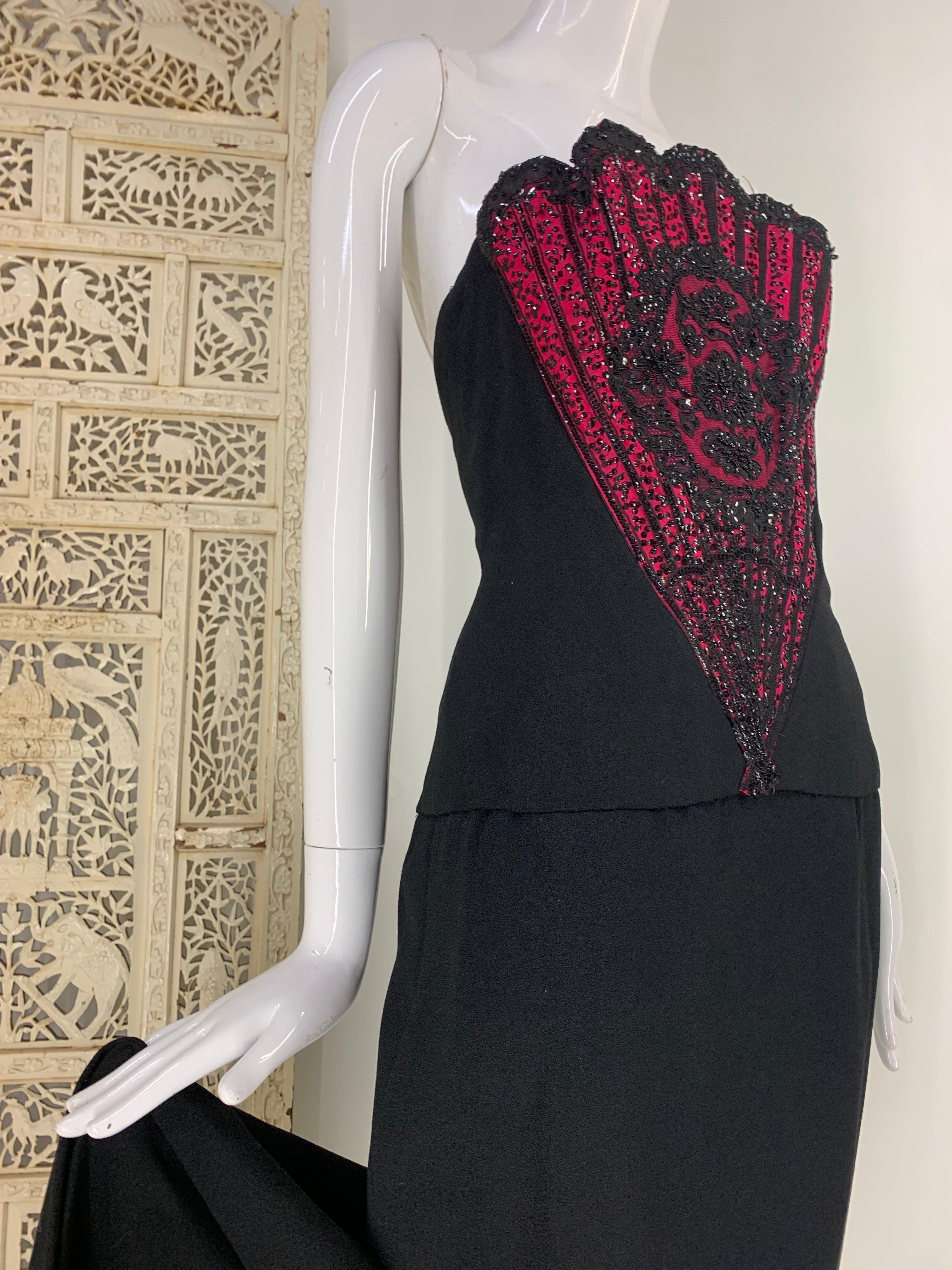 1960s George Halley Black Wool Crepe Column Gown w Stunning Beaded Fan Corset  For Sale 3